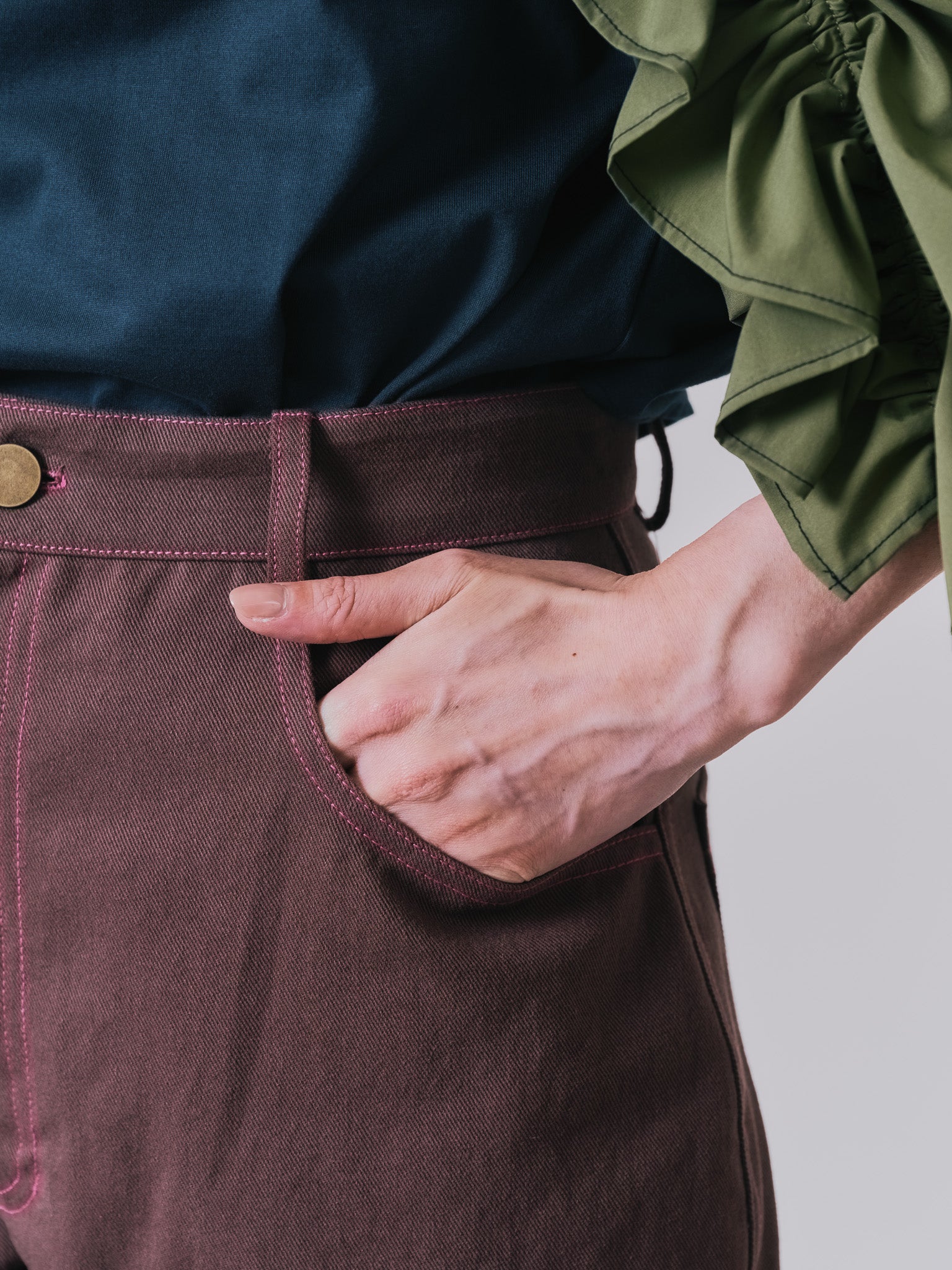 ビックサテンミリタリーポケット配色ステッチパンツ [601359] brown