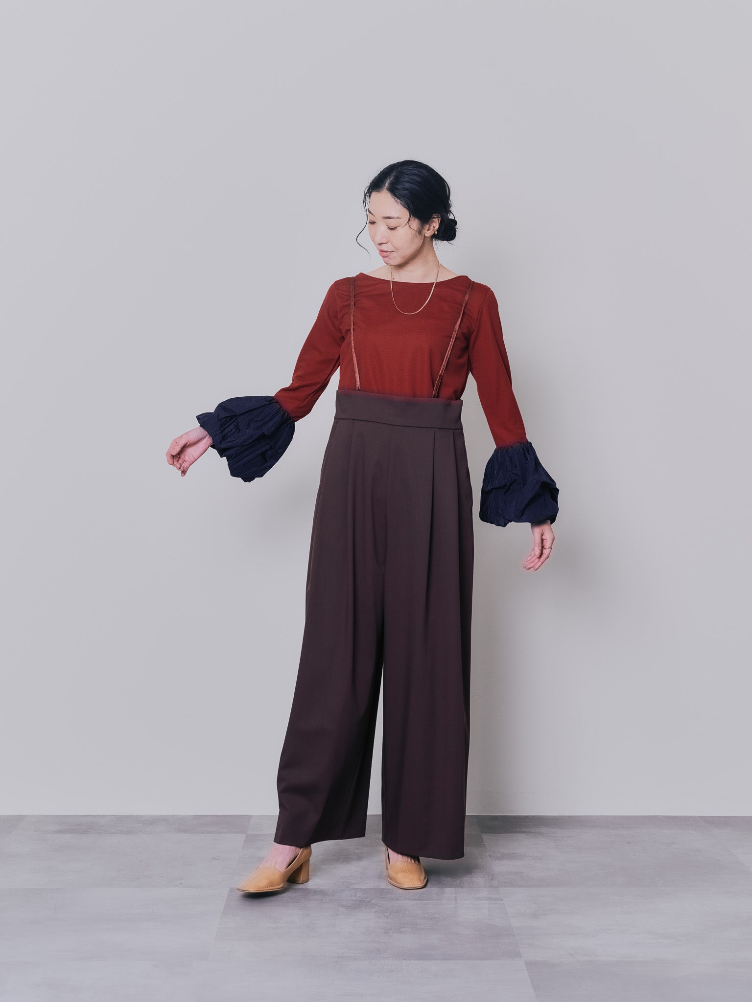 配色バルーンスリーブトップス [601371] wine red