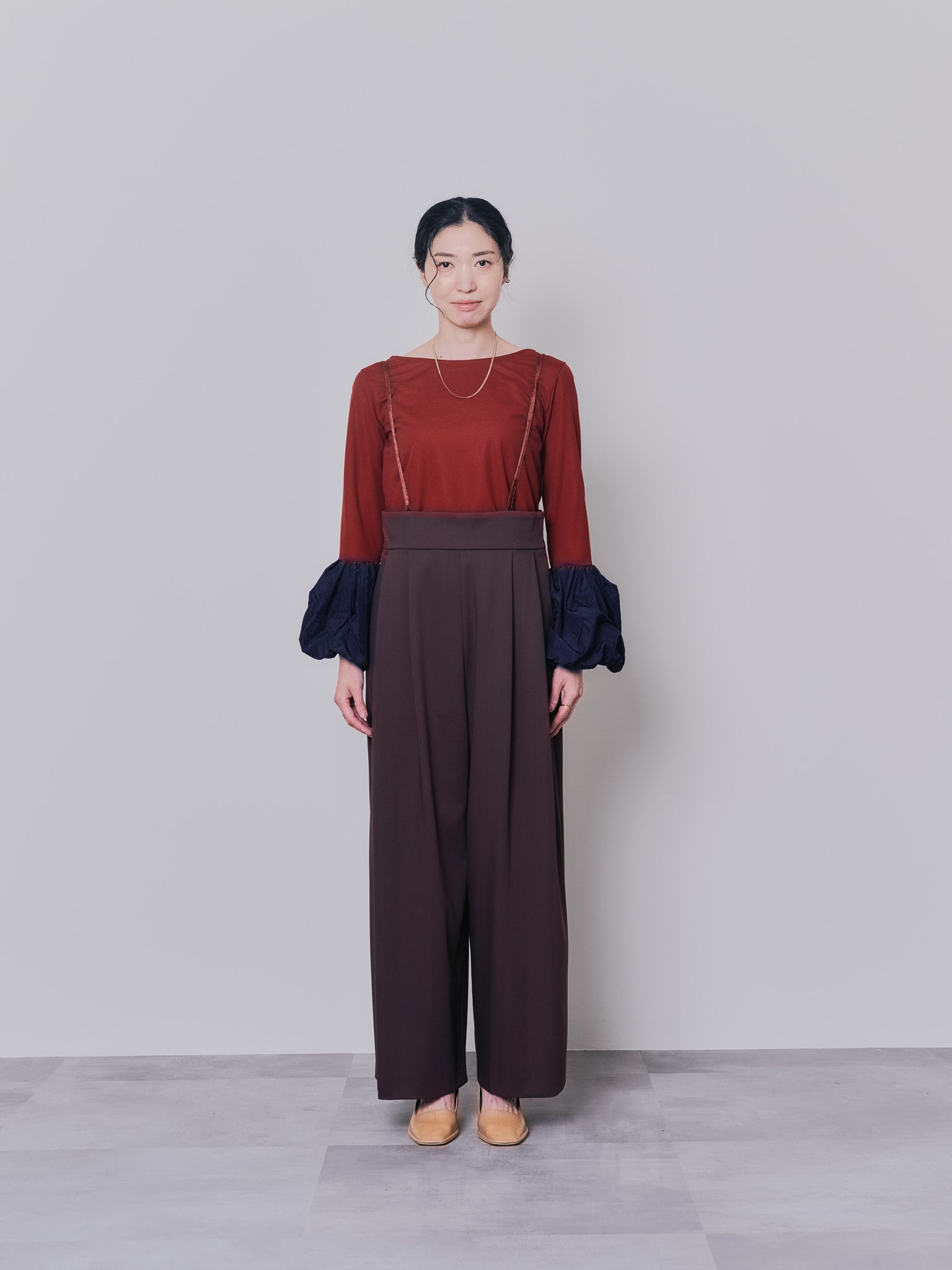 【TIME SALE 10/21 17:00まで!!】配色バルーンスリーブトップス [601371] wine red