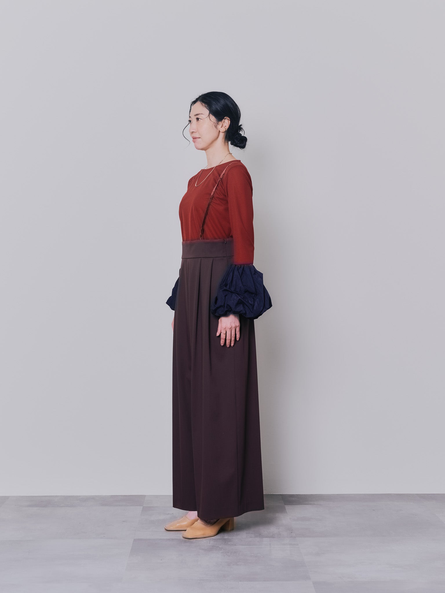 【TIME SALE 10/21 17:00まで!!】配色バルーンスリーブトップス [601371] wine red