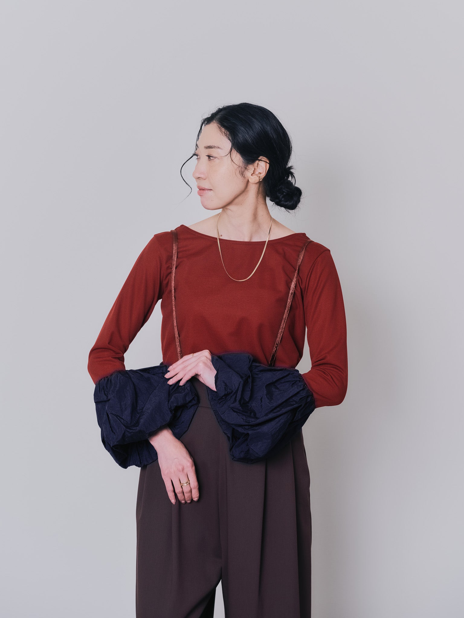 【TIME SALE 10/21 17:00まで!!】配色バルーンスリーブトップス [601371] wine red