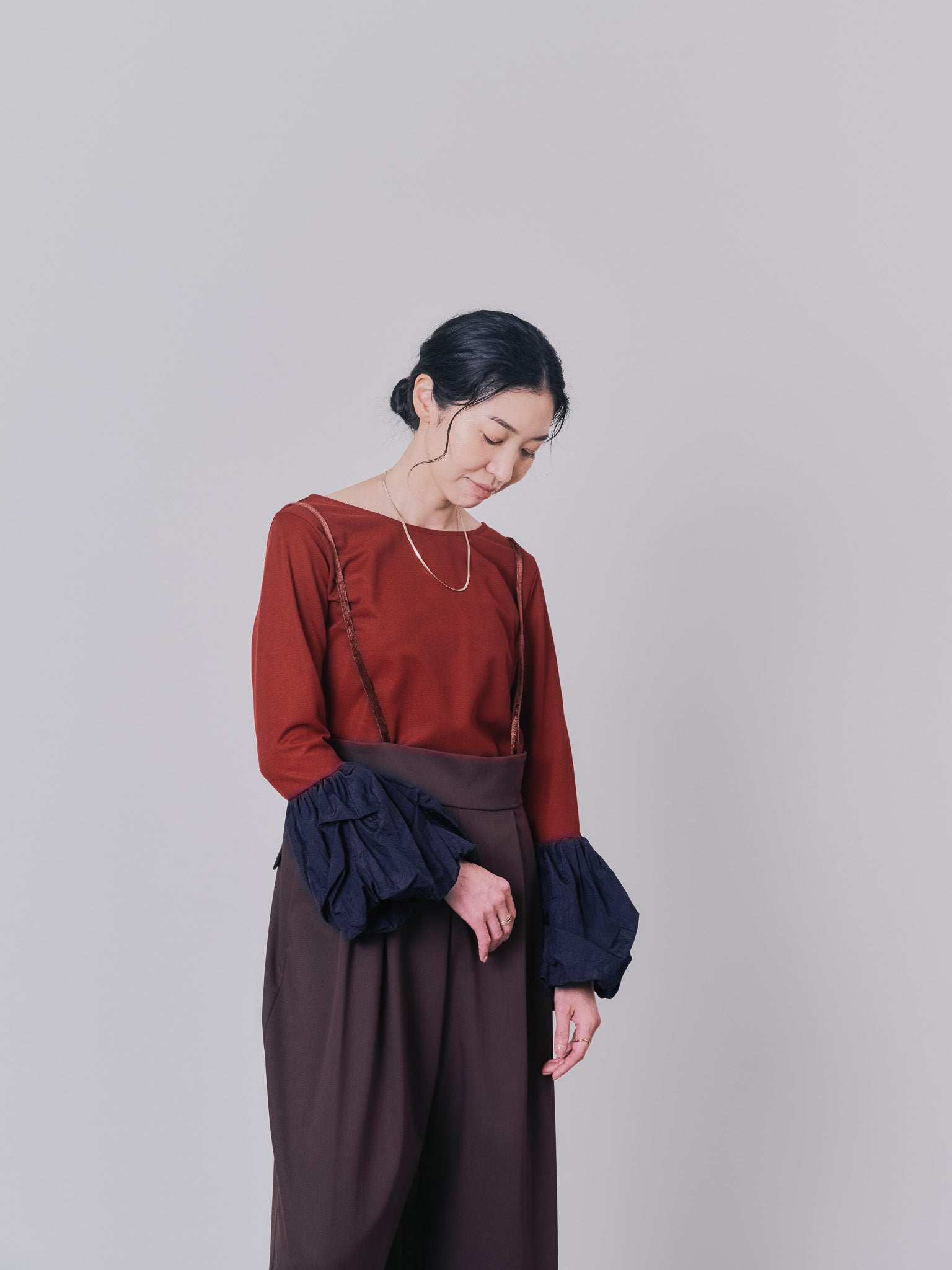 配色バルーンスリーブトップス [601371] wine red