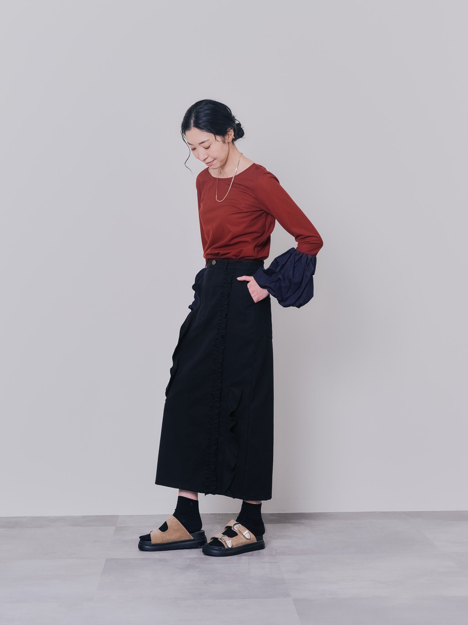 【TIME SALE 10/21 17:00まで!!】配色バルーンスリーブトップス [601371] wine red