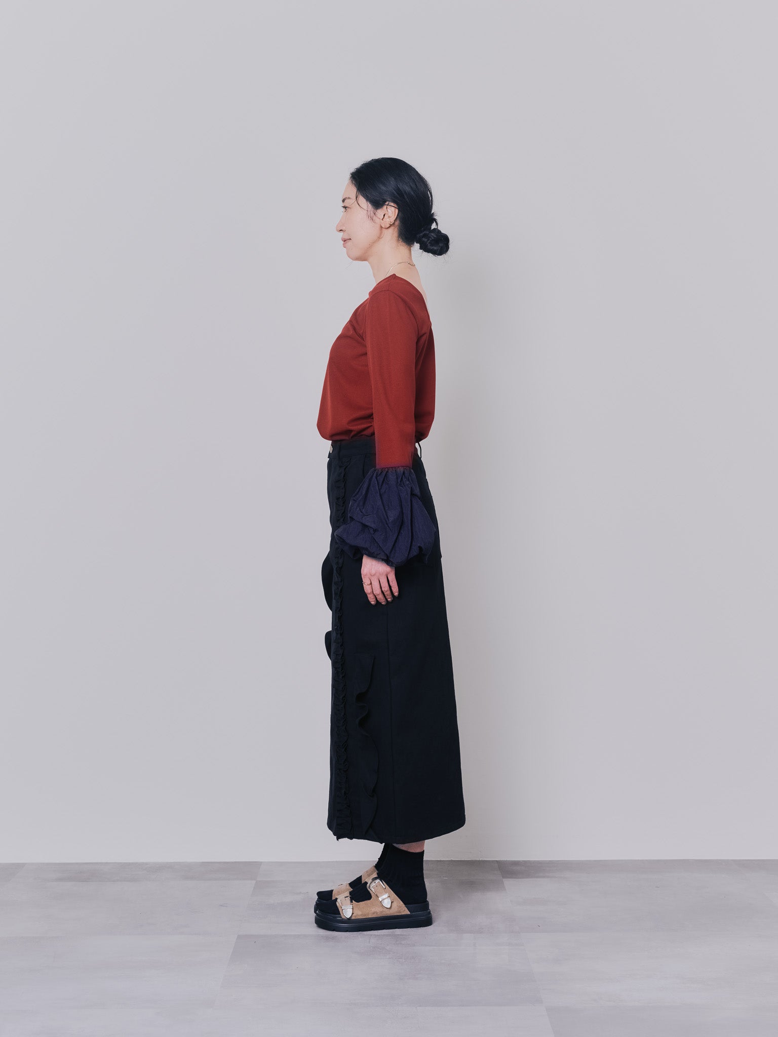 ミックスフリルカツラギタイトスカート [601358] black