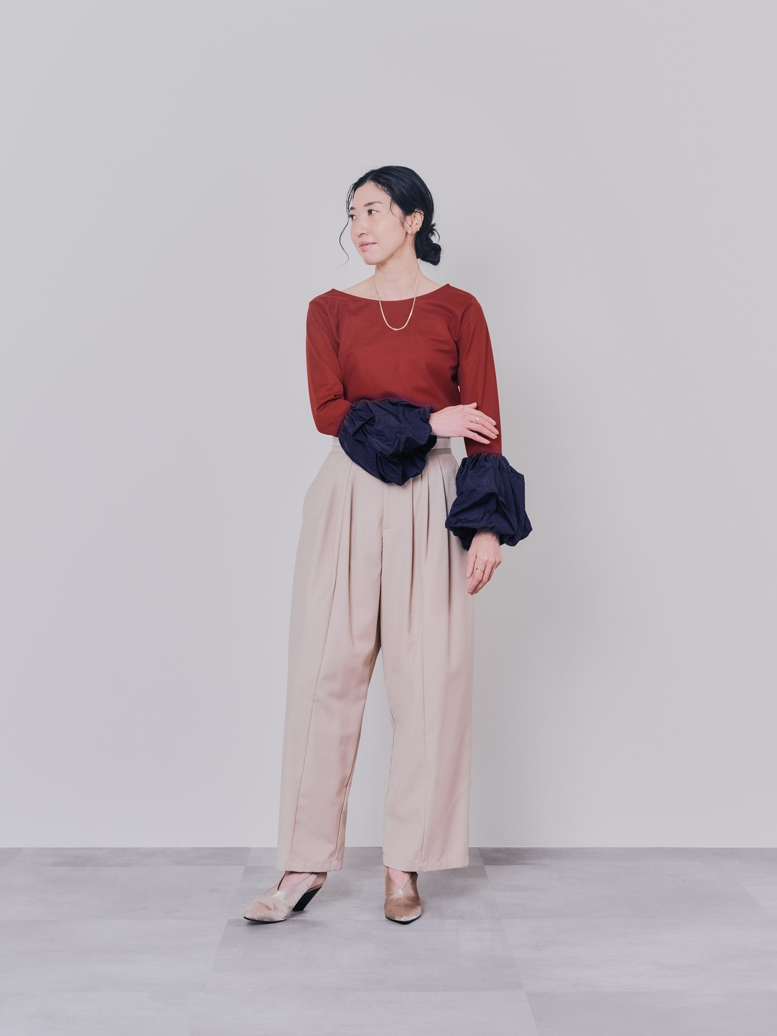 【TIME SALE 10/21 17:00まで!!】配色バルーンスリーブトップス [601371] wine red