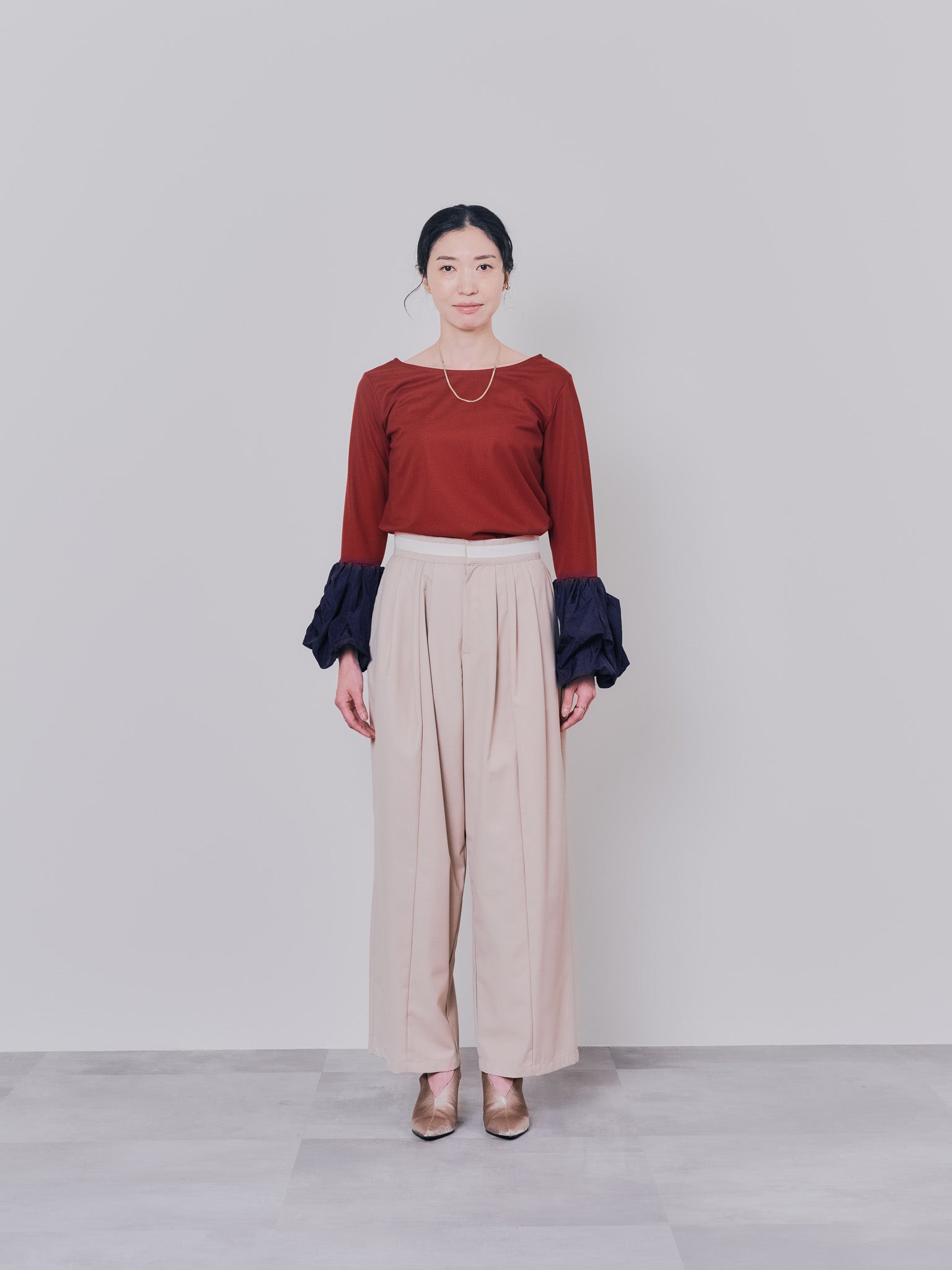 【TIME SALE 10/21 17:00まで!!】配色バルーンスリーブトップス [601371] wine red