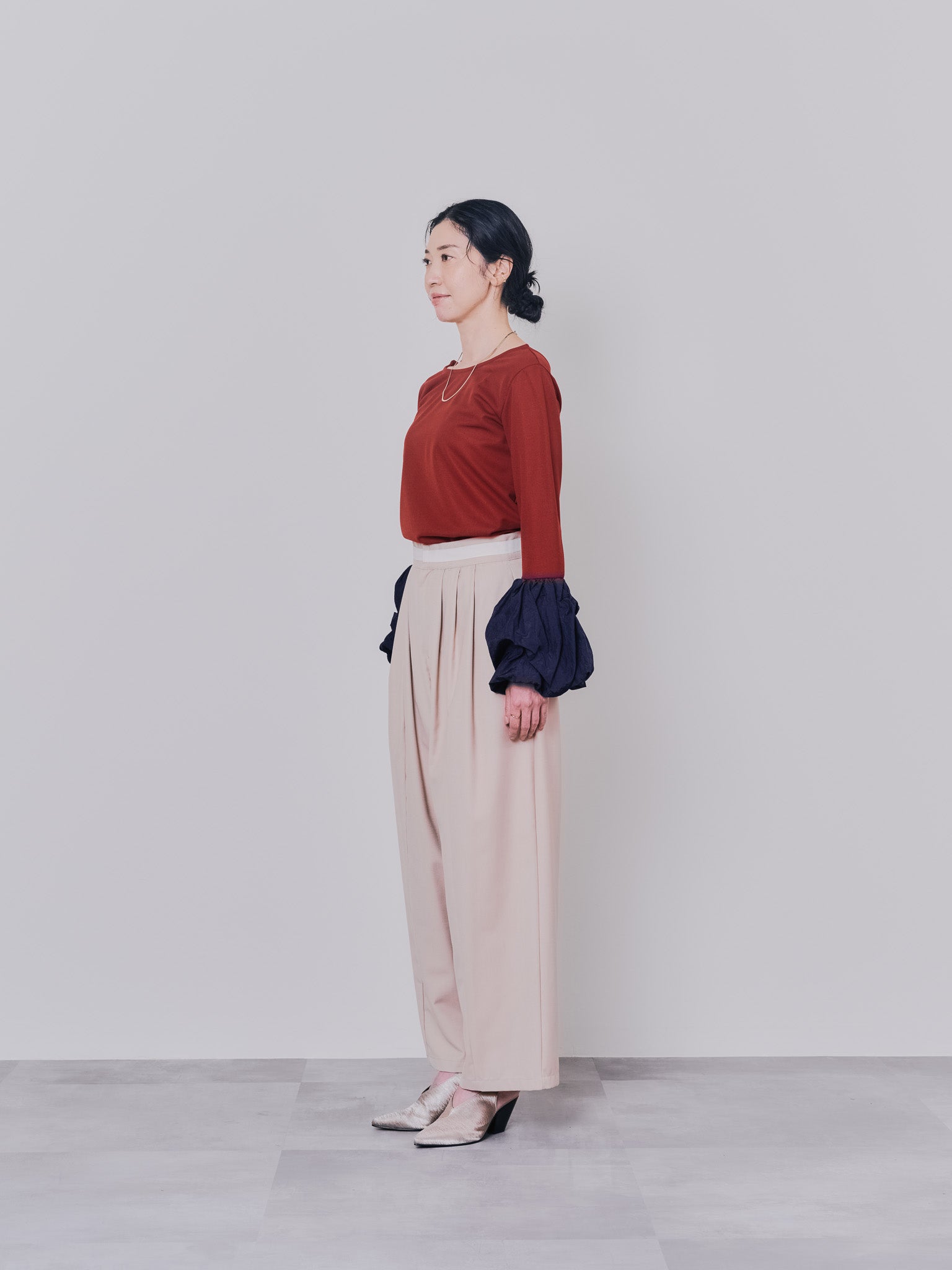 【TIME SALE 10/21 17:00まで!!】配色バルーンスリーブトップス [601371] wine red