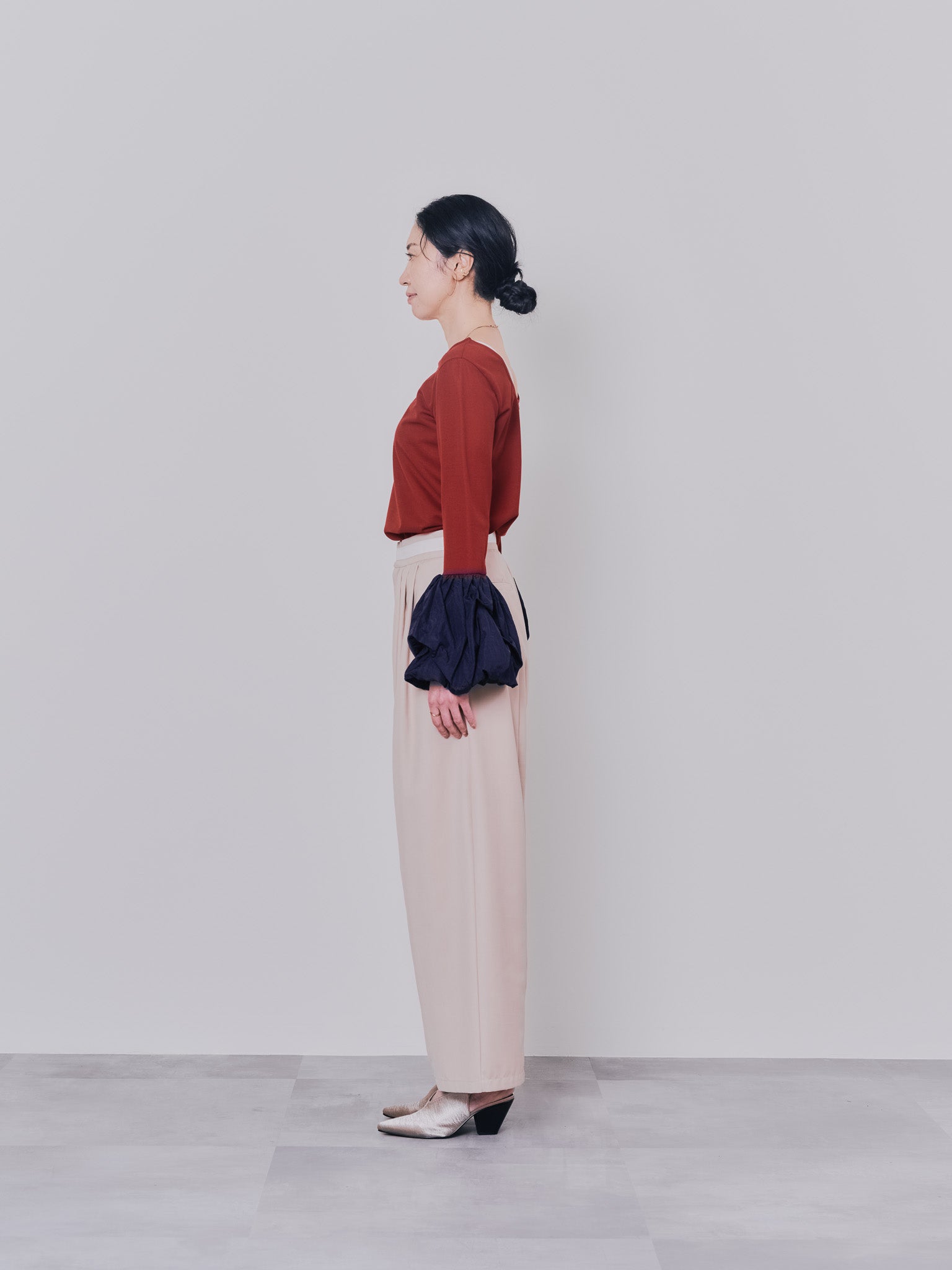 【TIME SALE 10/21 17:00まで!!】配色バルーンスリーブトップス [601371] wine red