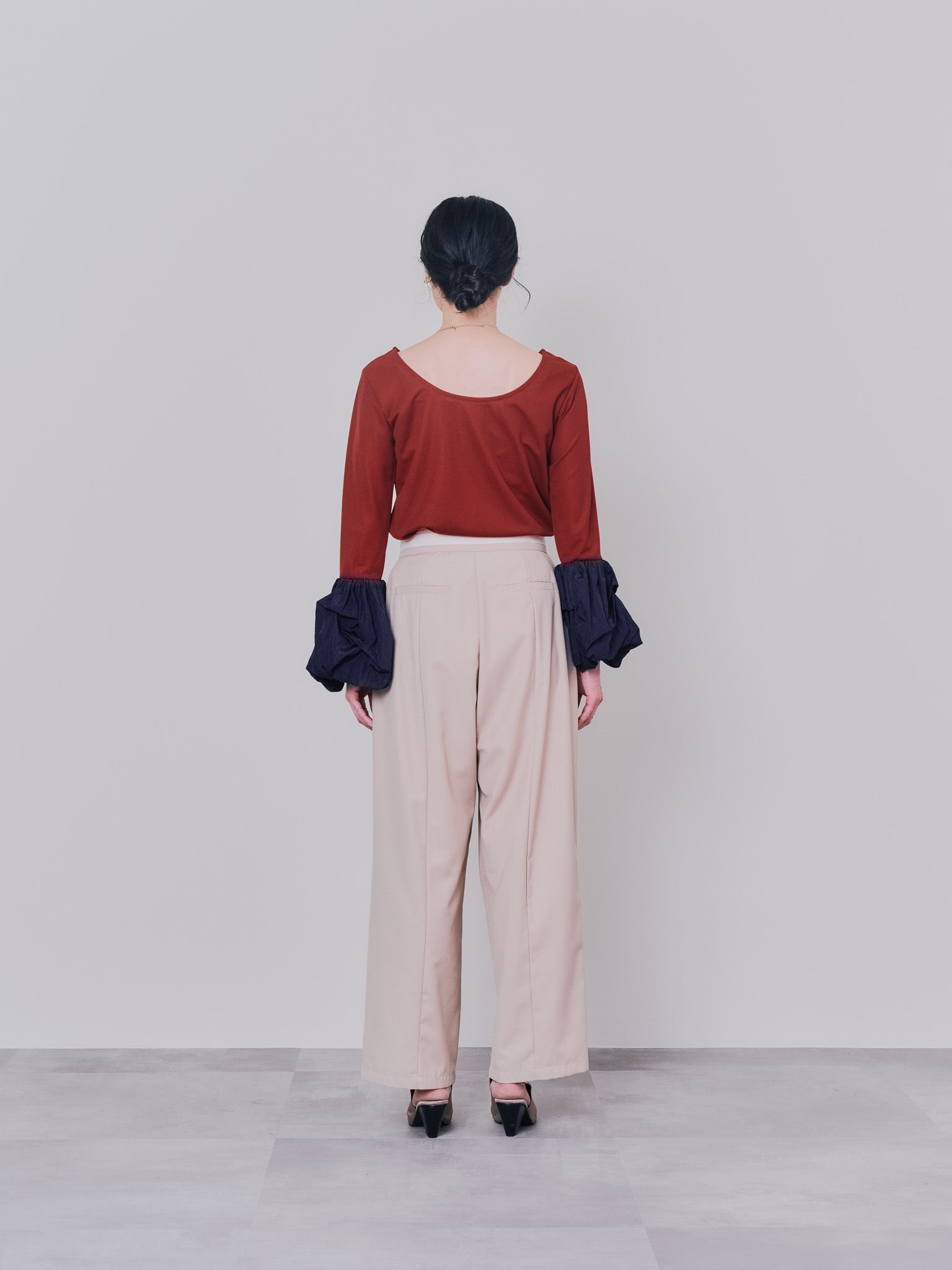 【TIME SALE 10/21 17:00まで!!】配色バルーンスリーブトップス [601371] wine red