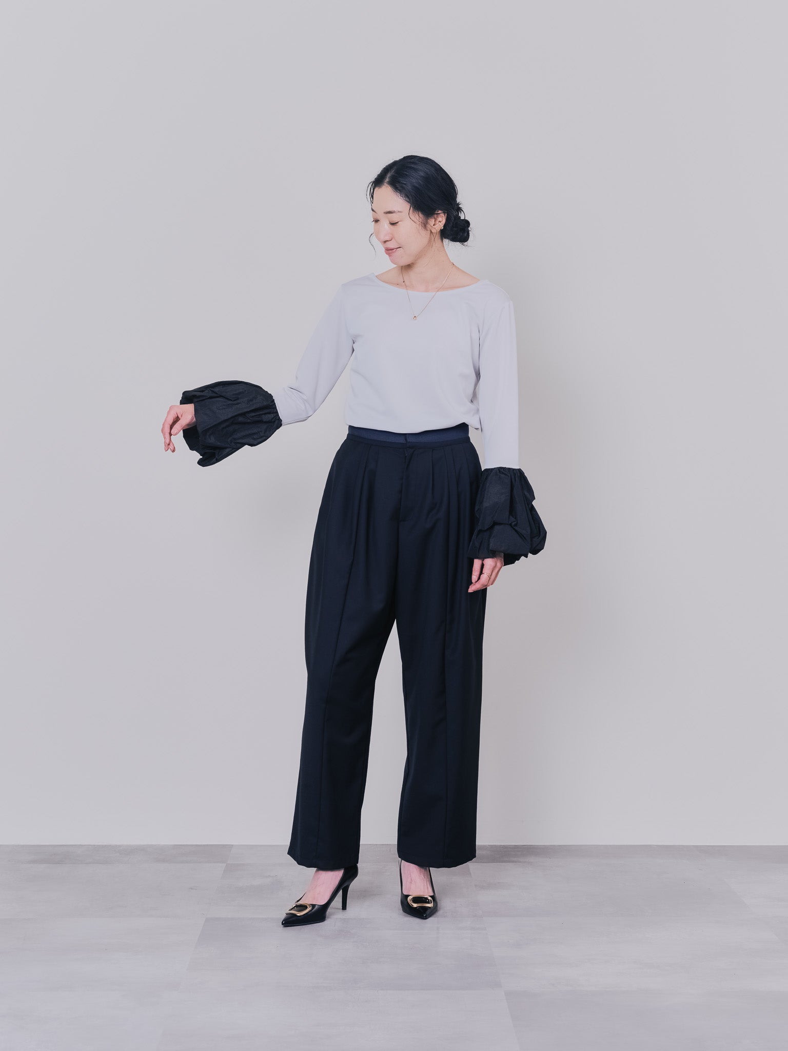 配色バルーンスリーブトップス [601371] light grey