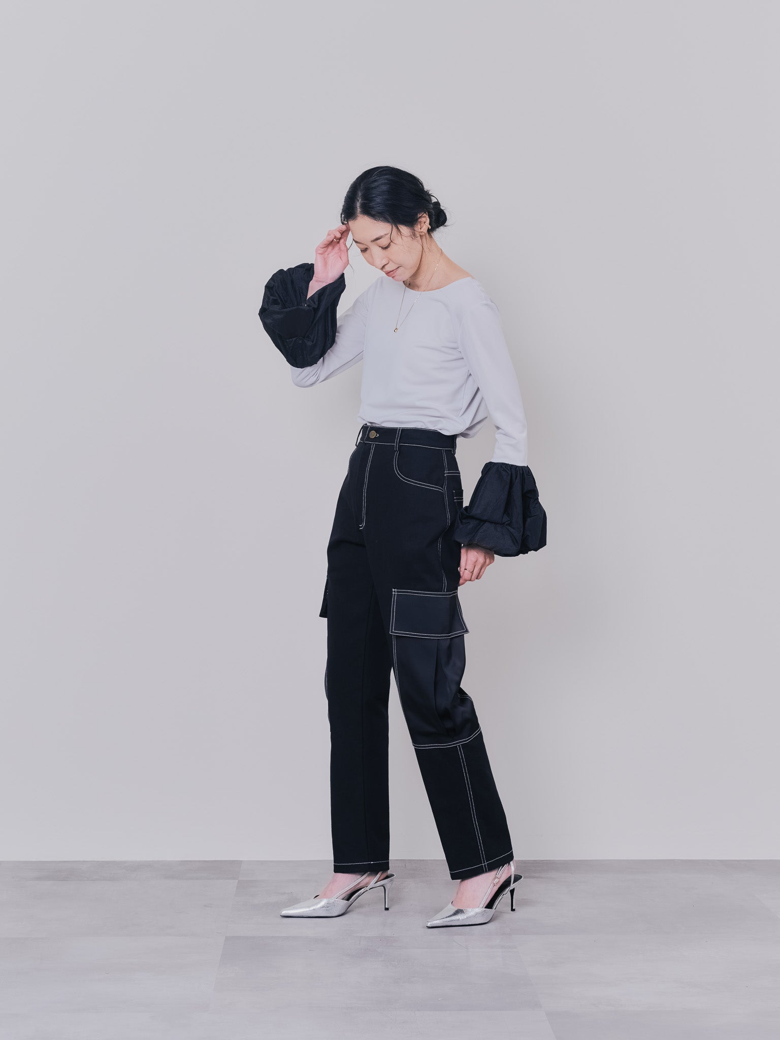 配色バルーンスリーブトップス [601371] light grey
