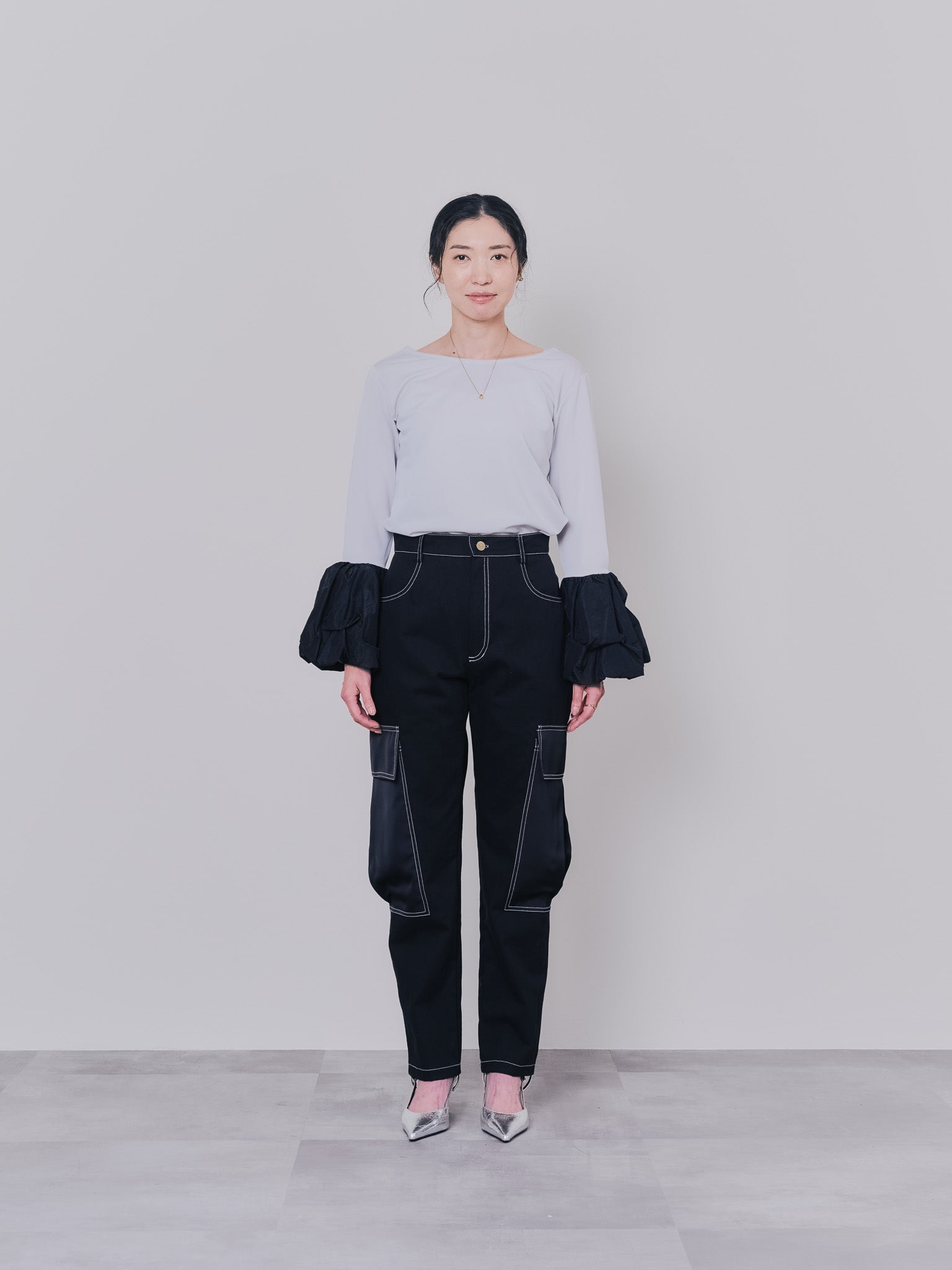 配色バルーンスリーブトップス [601371] light grey