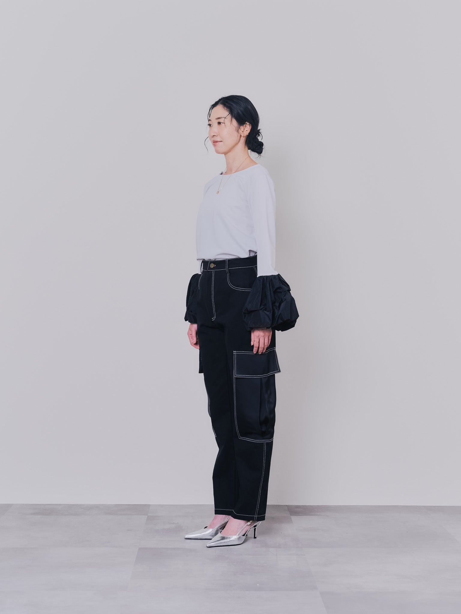 配色バルーンスリーブトップス [601371] light grey