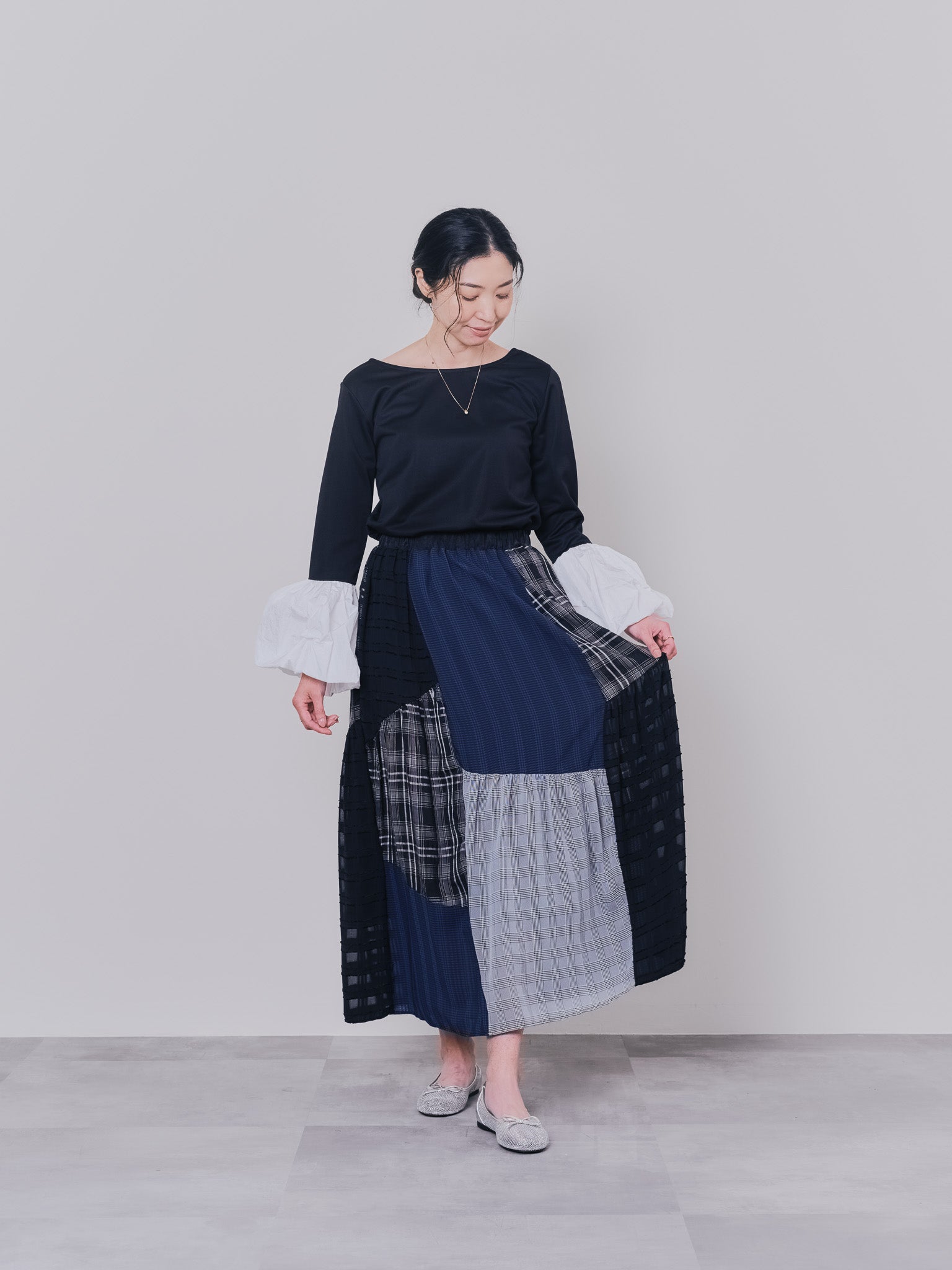 【TIME SALE 10/21 17:00まで!!】ミックスチェックギャザースカート [601361] black