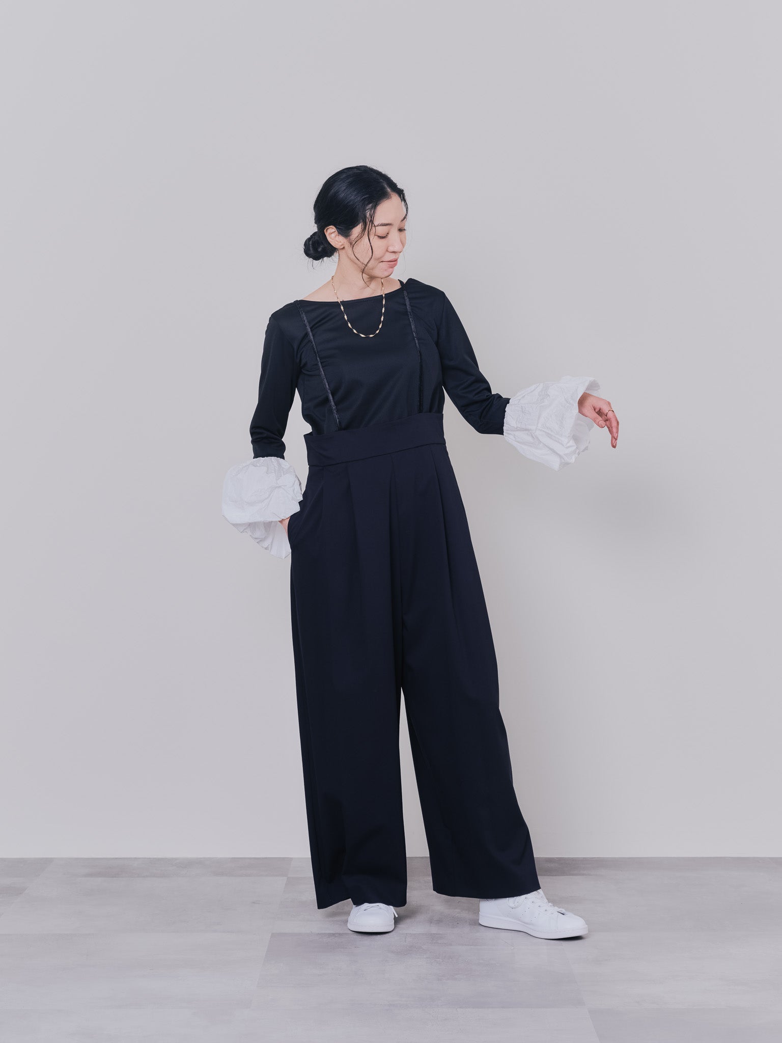 配色バルーンスリーブトップス [601371] black
