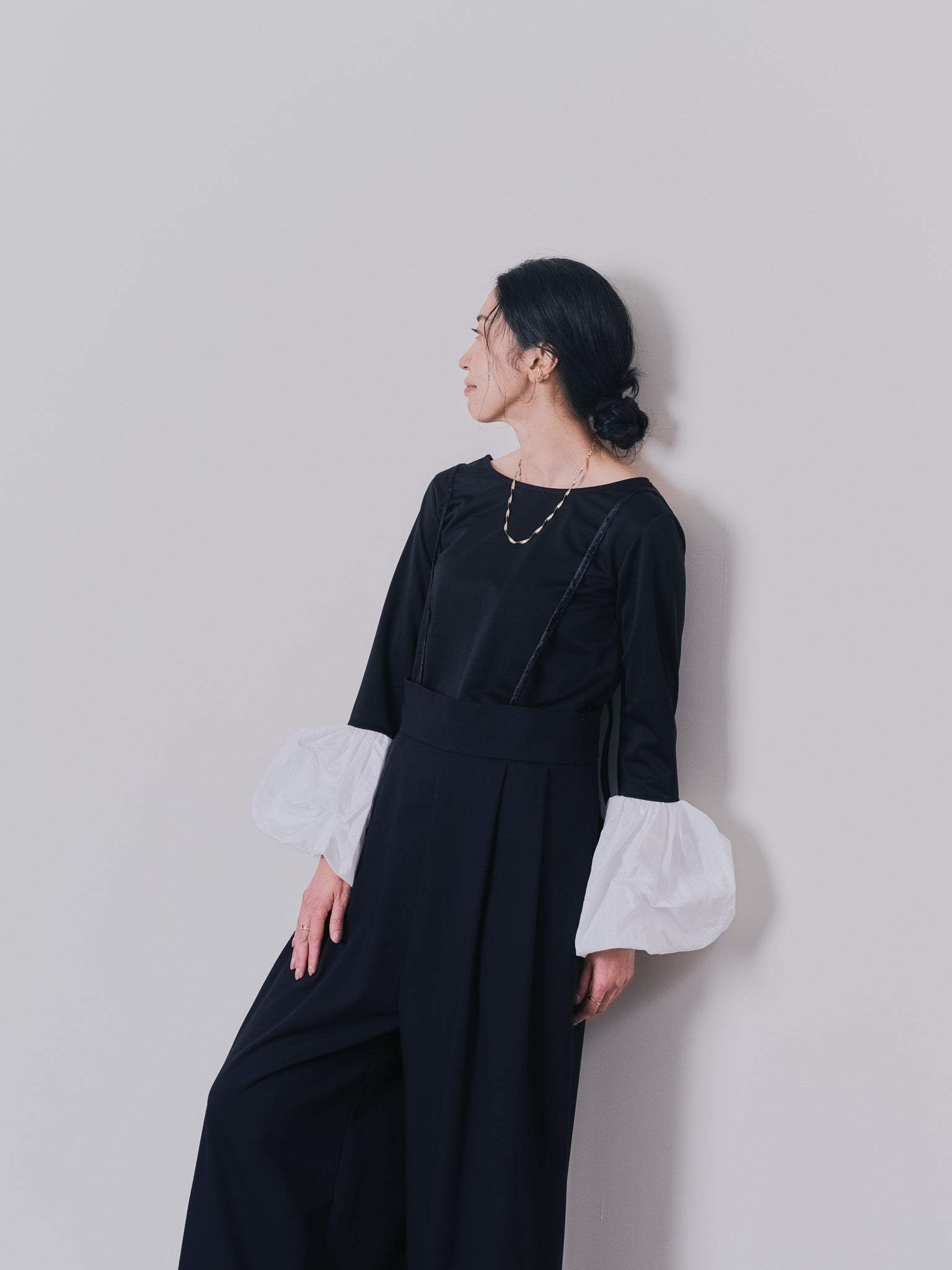配色バルーンスリーブトップス [601371] black