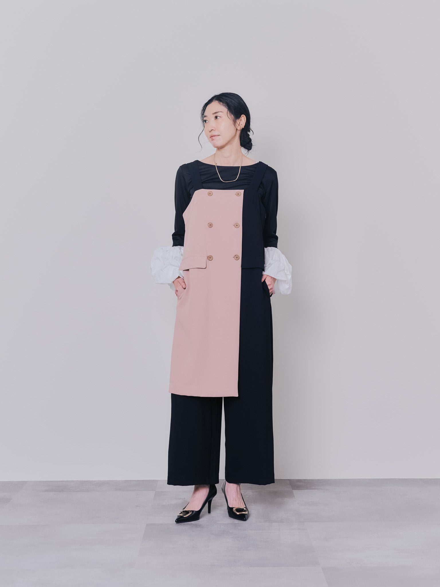 【TIME SALE 10/21 17:00まで!!】配色バルーンスリーブトップス [601371] black
