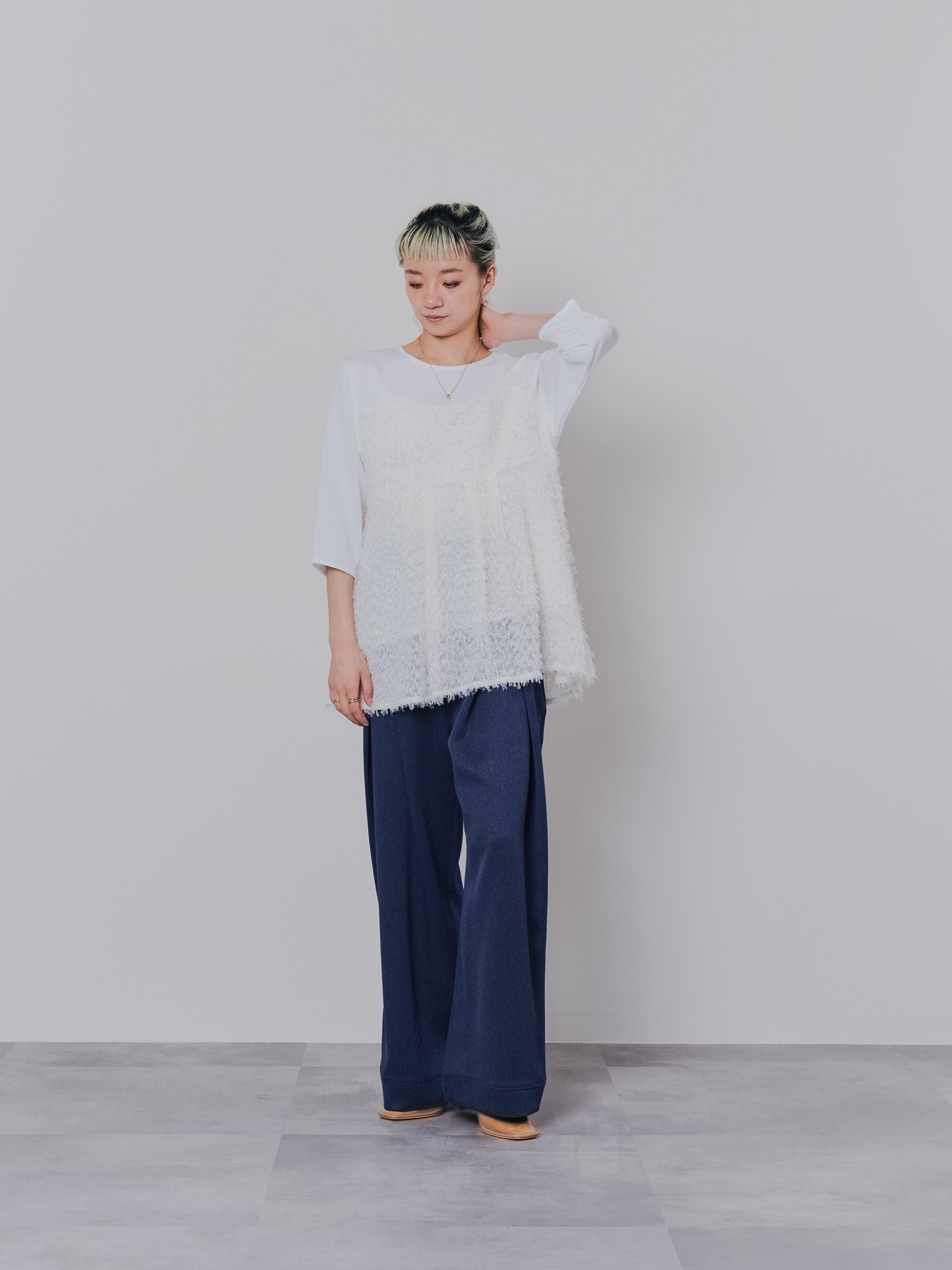 フロントリボンワイドタックパンツ [603330] navy