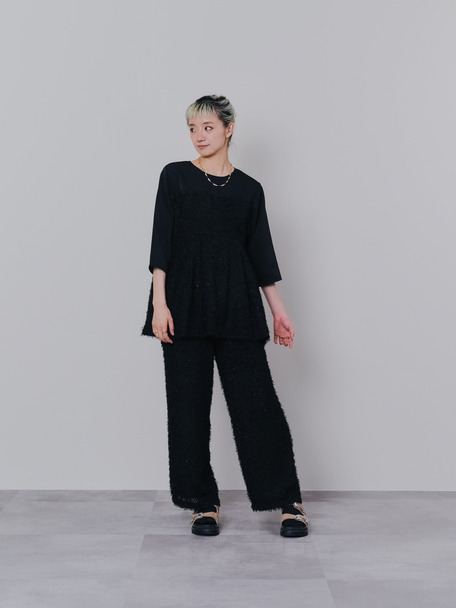 【SALE】フリンジジャガードパンツ [601381] black