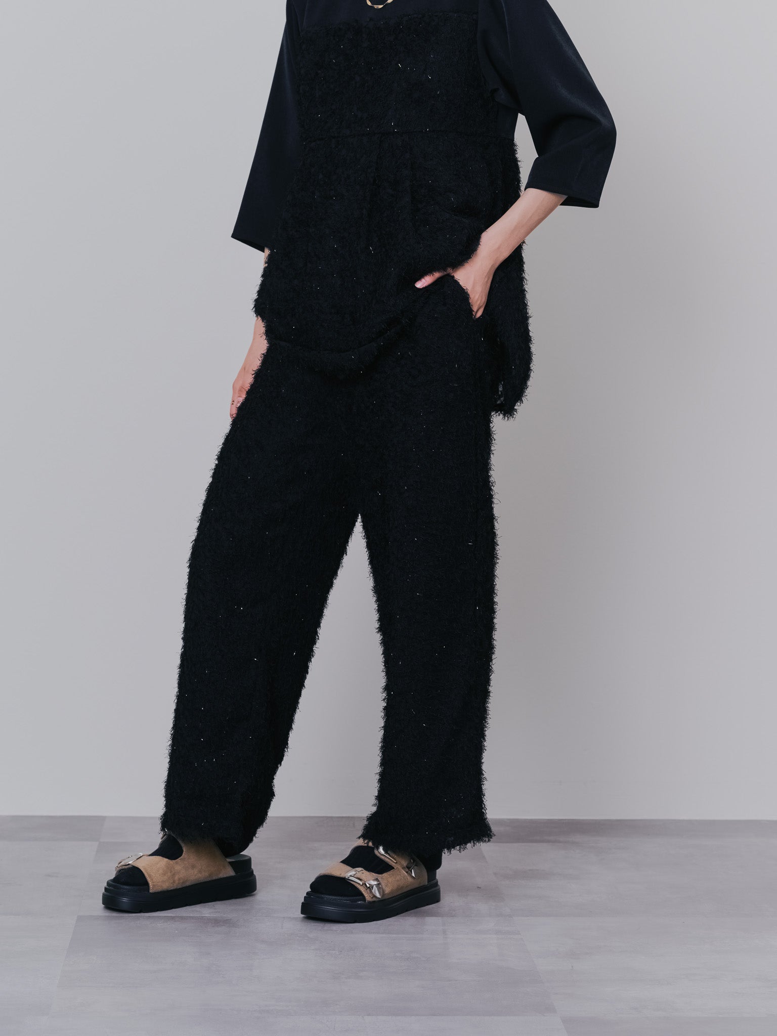 フリンジジャガードパンツ [601381] black