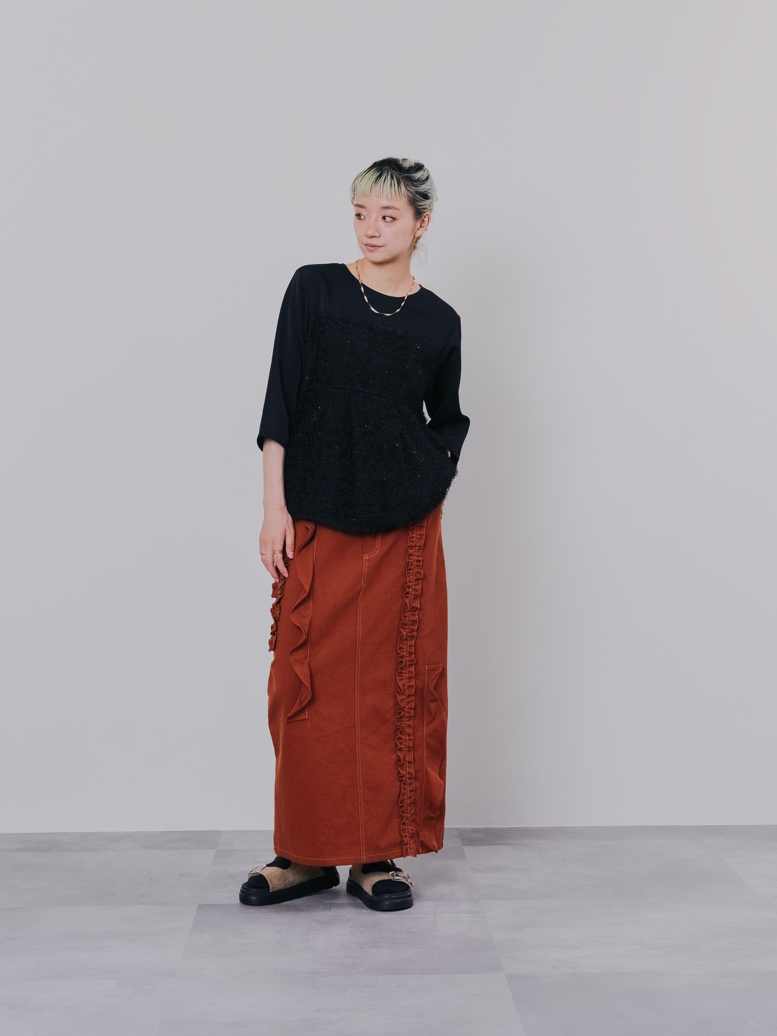 ミックスフリルカツラギタイトスカート [601358] red brown