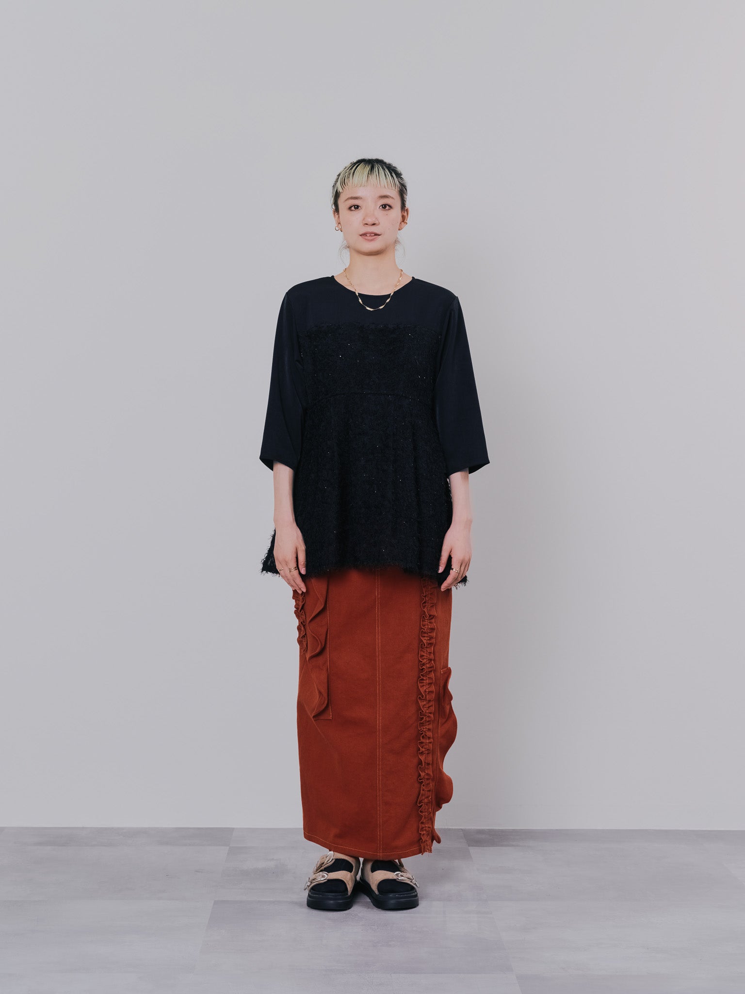 ミックスフリルカツラギタイトスカート [601358] red brown