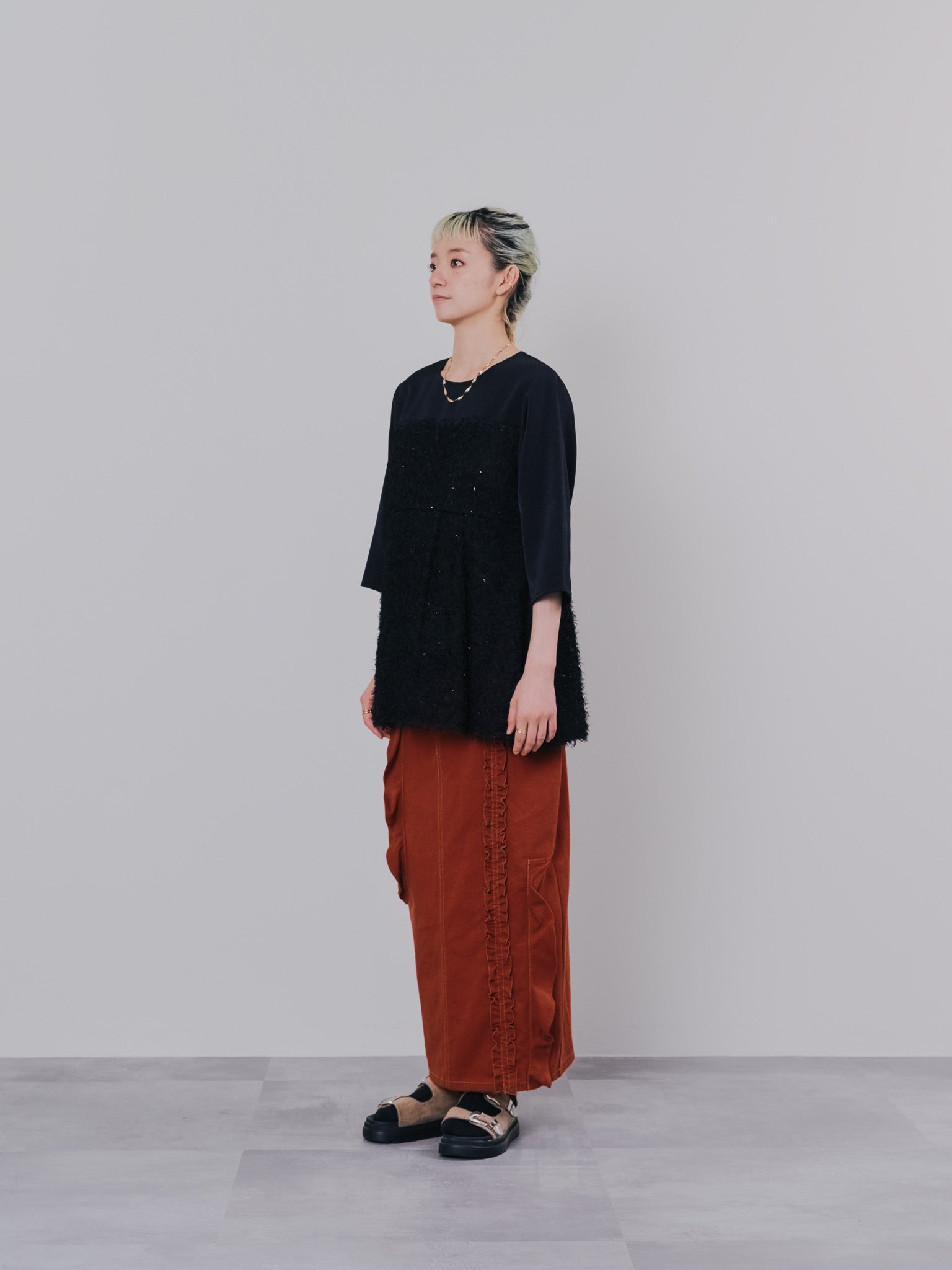ミックスフリルカツラギタイトスカート [601358] red brown