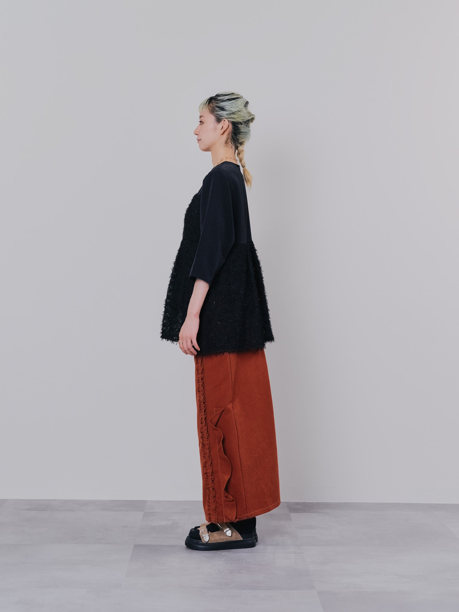 ミックスフリルカツラギタイトスカート [601358] red brown