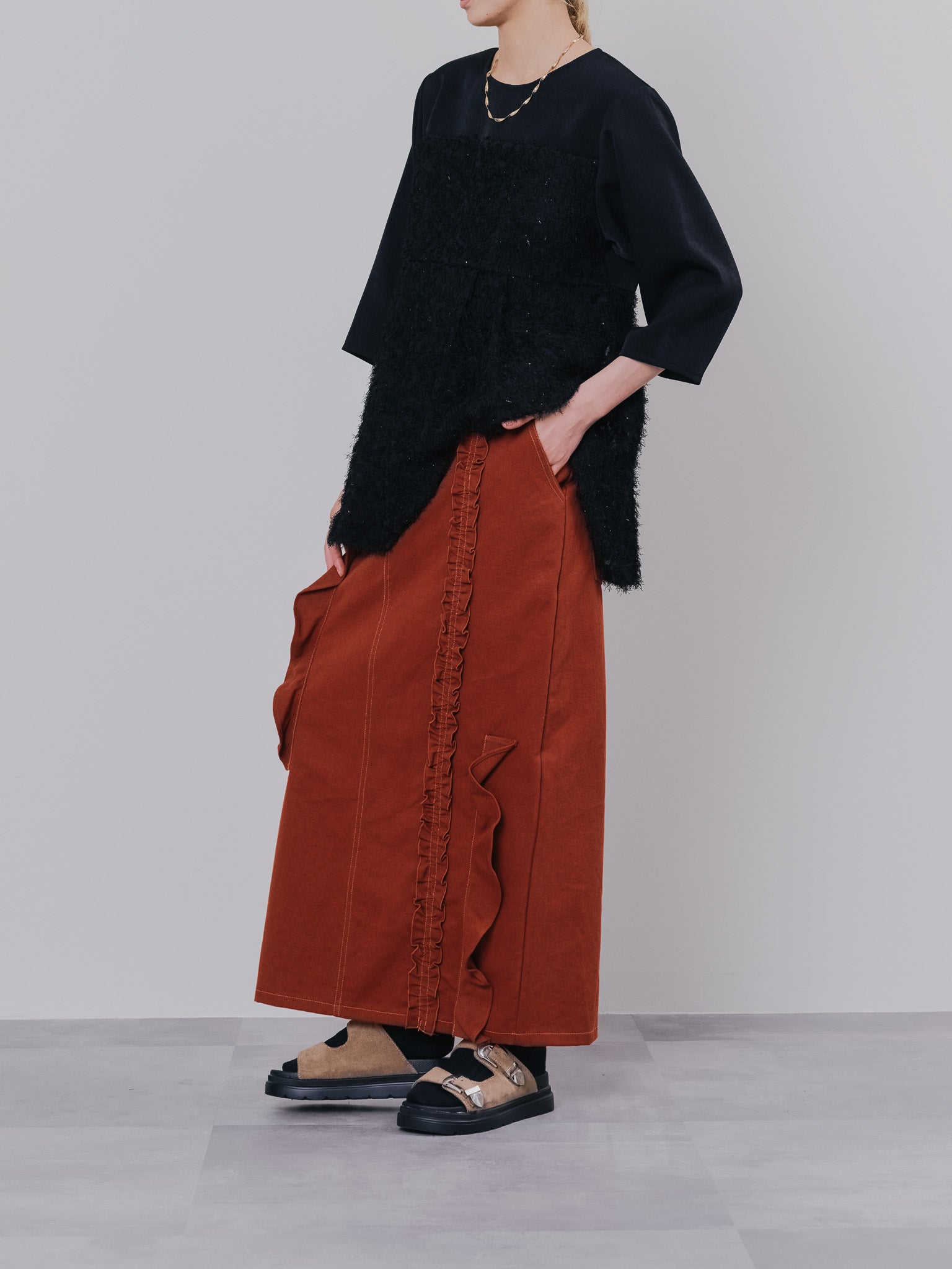 ミックスフリルカツラギタイトスカート [601358] red brown