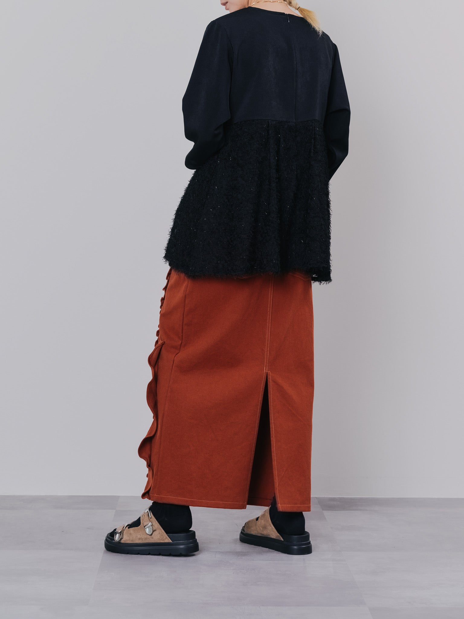 ミックスフリルカツラギタイトスカート [601358] red brown