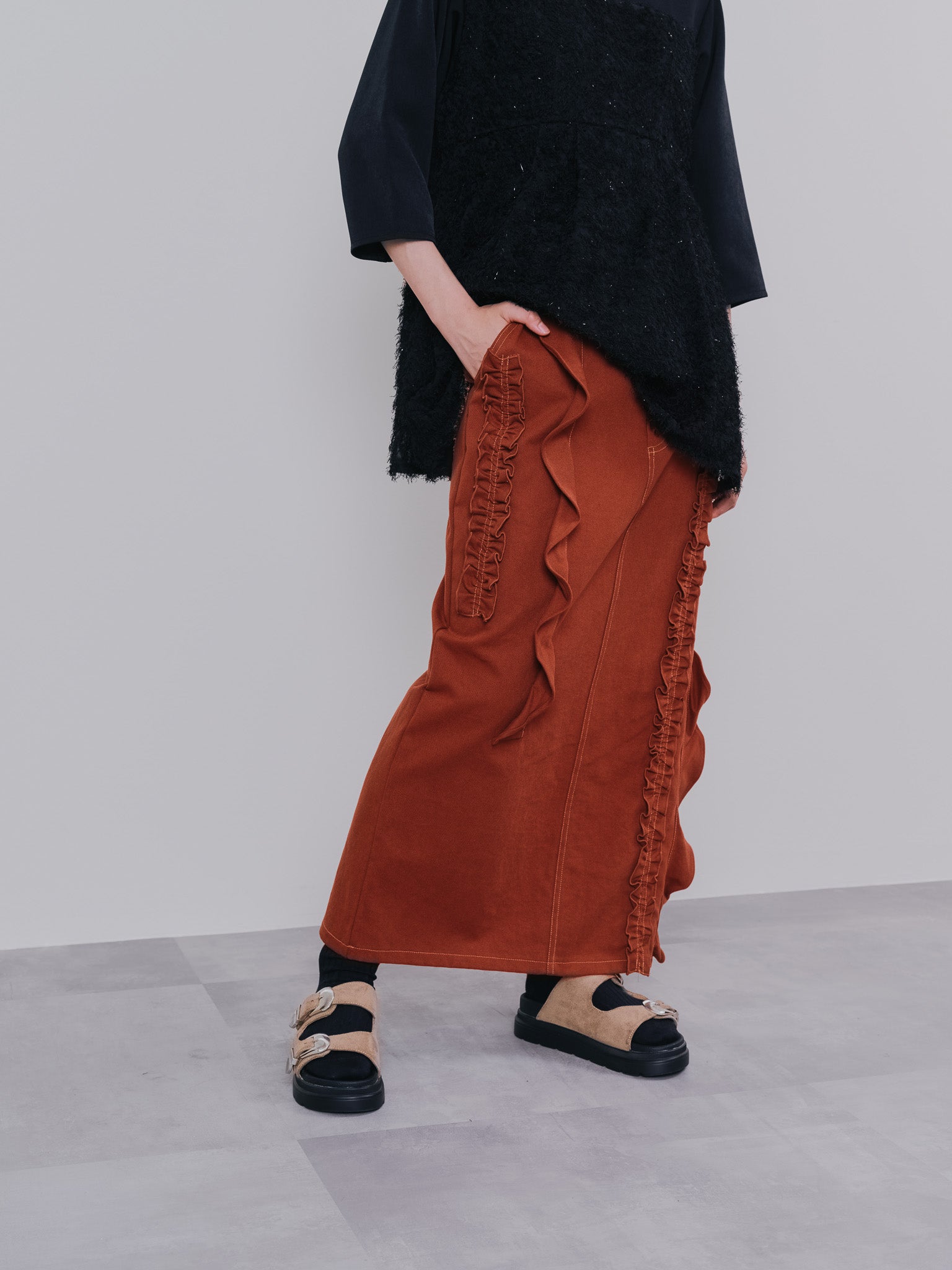 ミックスフリルカツラギタイトスカート [601358] red brown