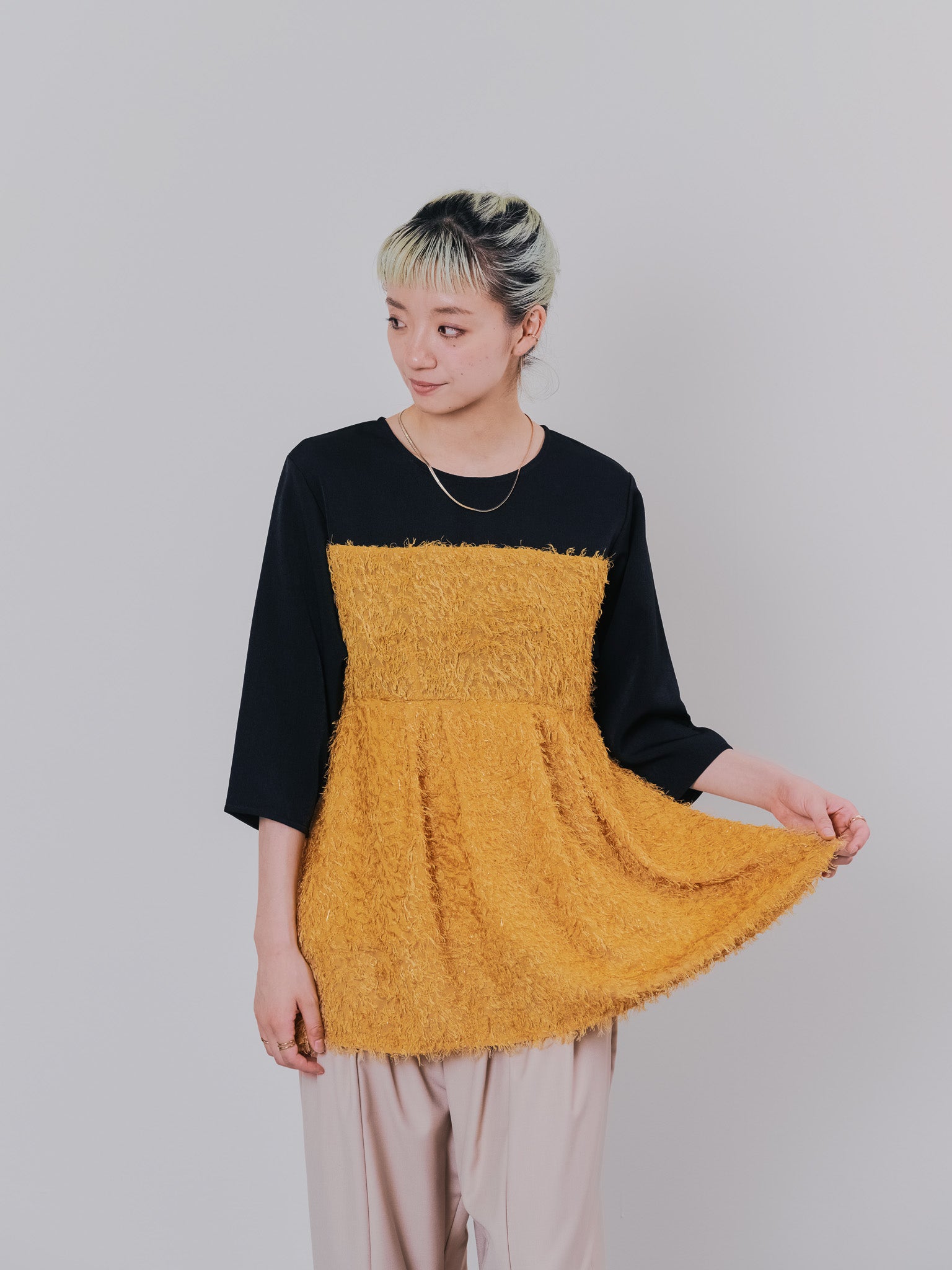 フリンジジャガードビスチェレイヤードライクトップス [601380] mustard