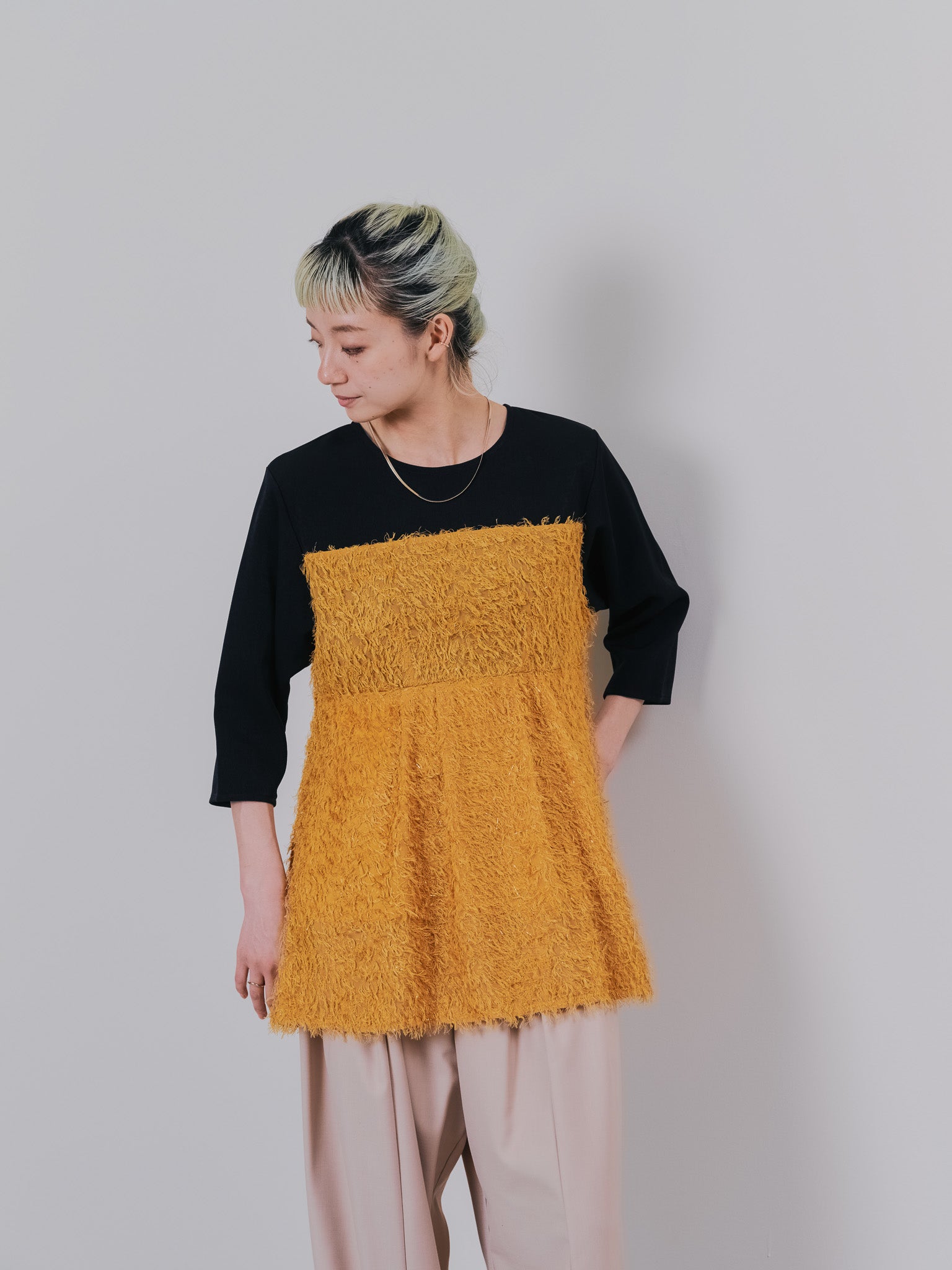 フリンジジャガードビスチェレイヤードライクトップス [601380] mustard