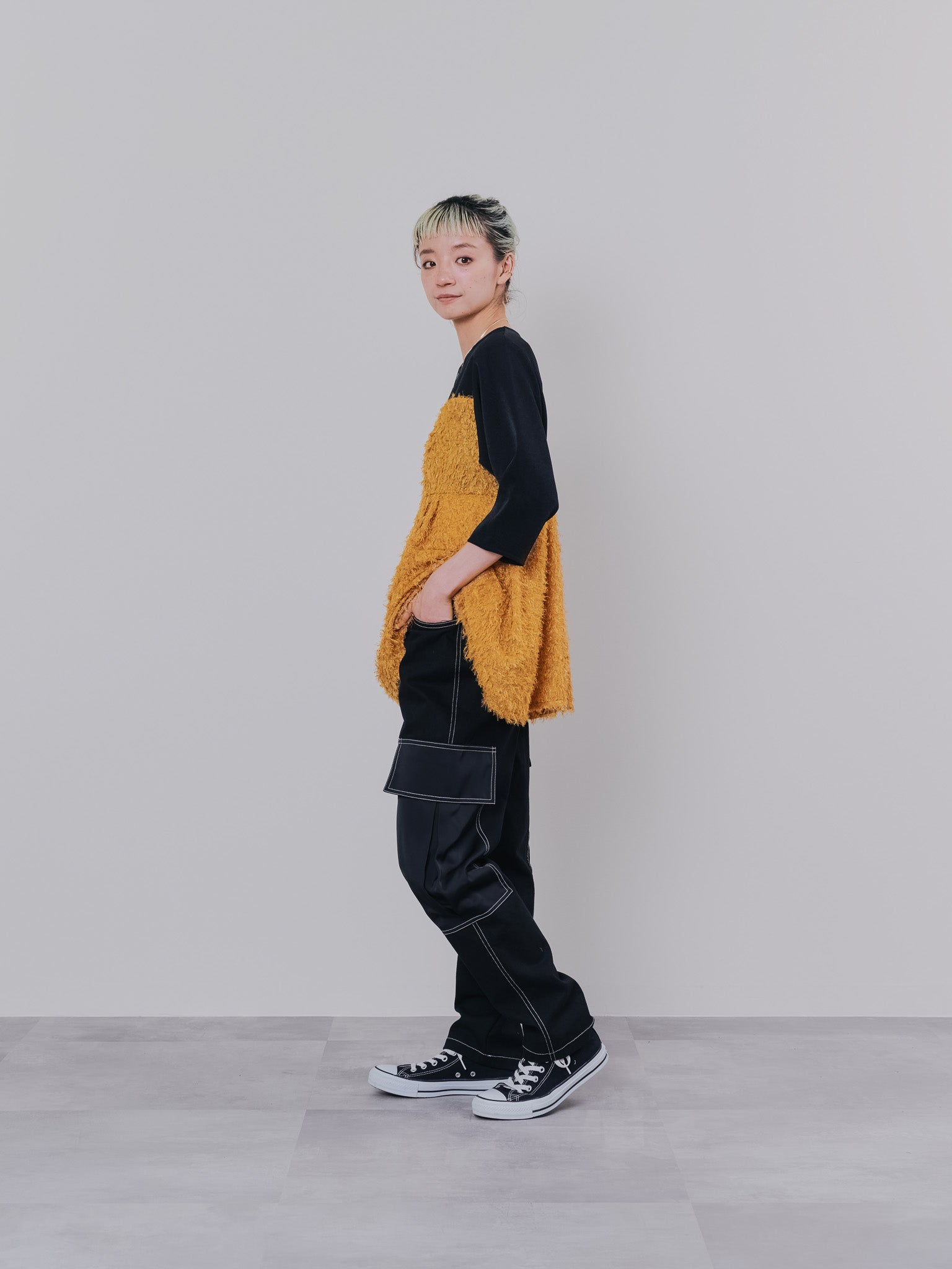 ビックサテンミリタリーポケット配色ステッチパンツ [601359] black