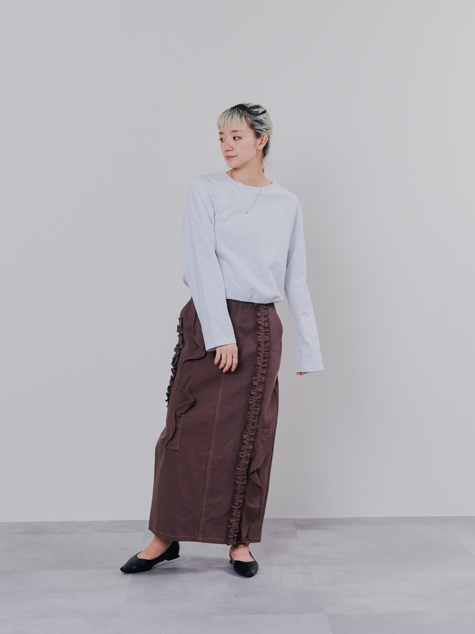 ミックスフリルカツラギタイトスカート [601358] brown