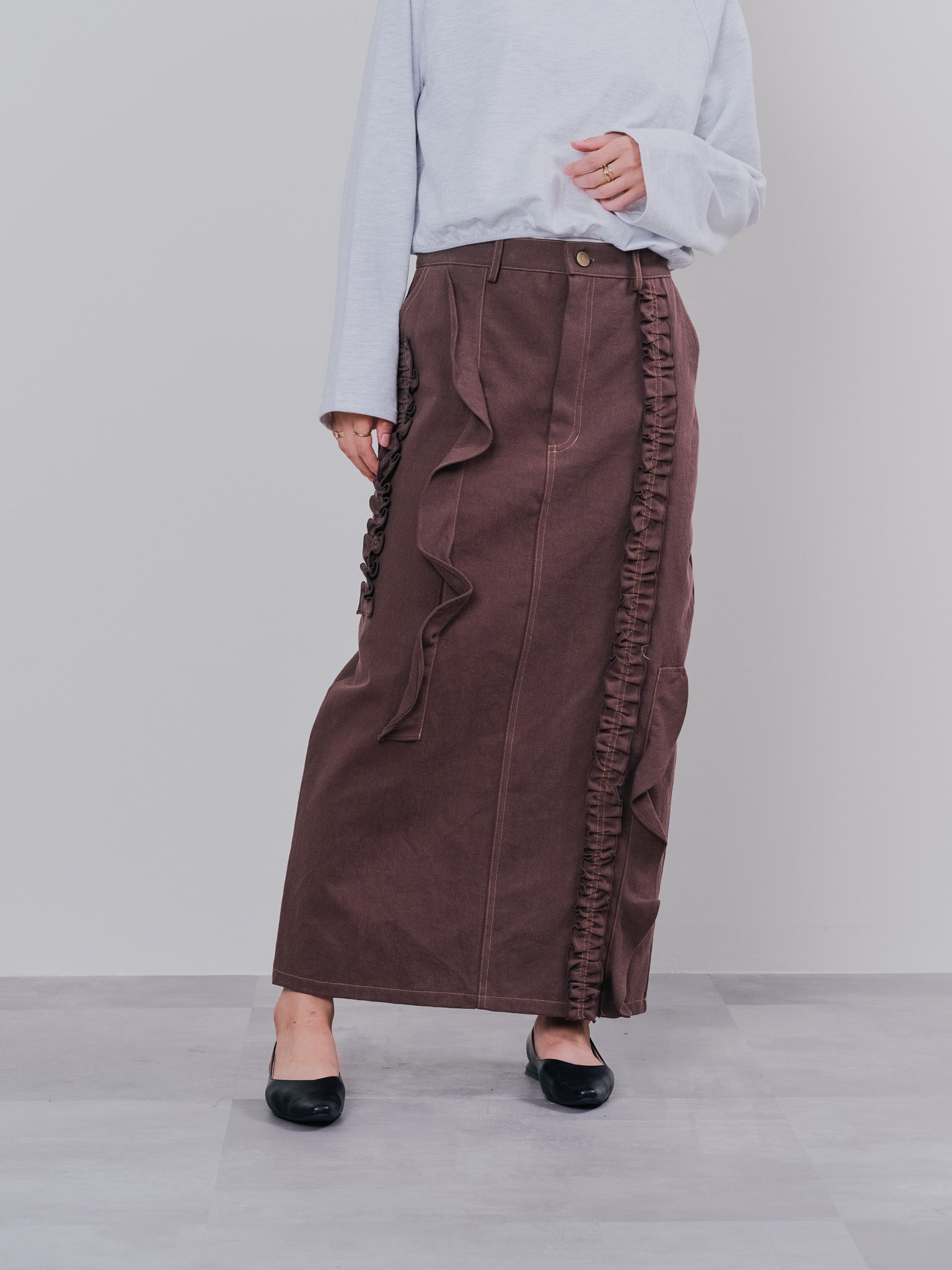ミックスフリルカツラギタイトスカート [601358] brown