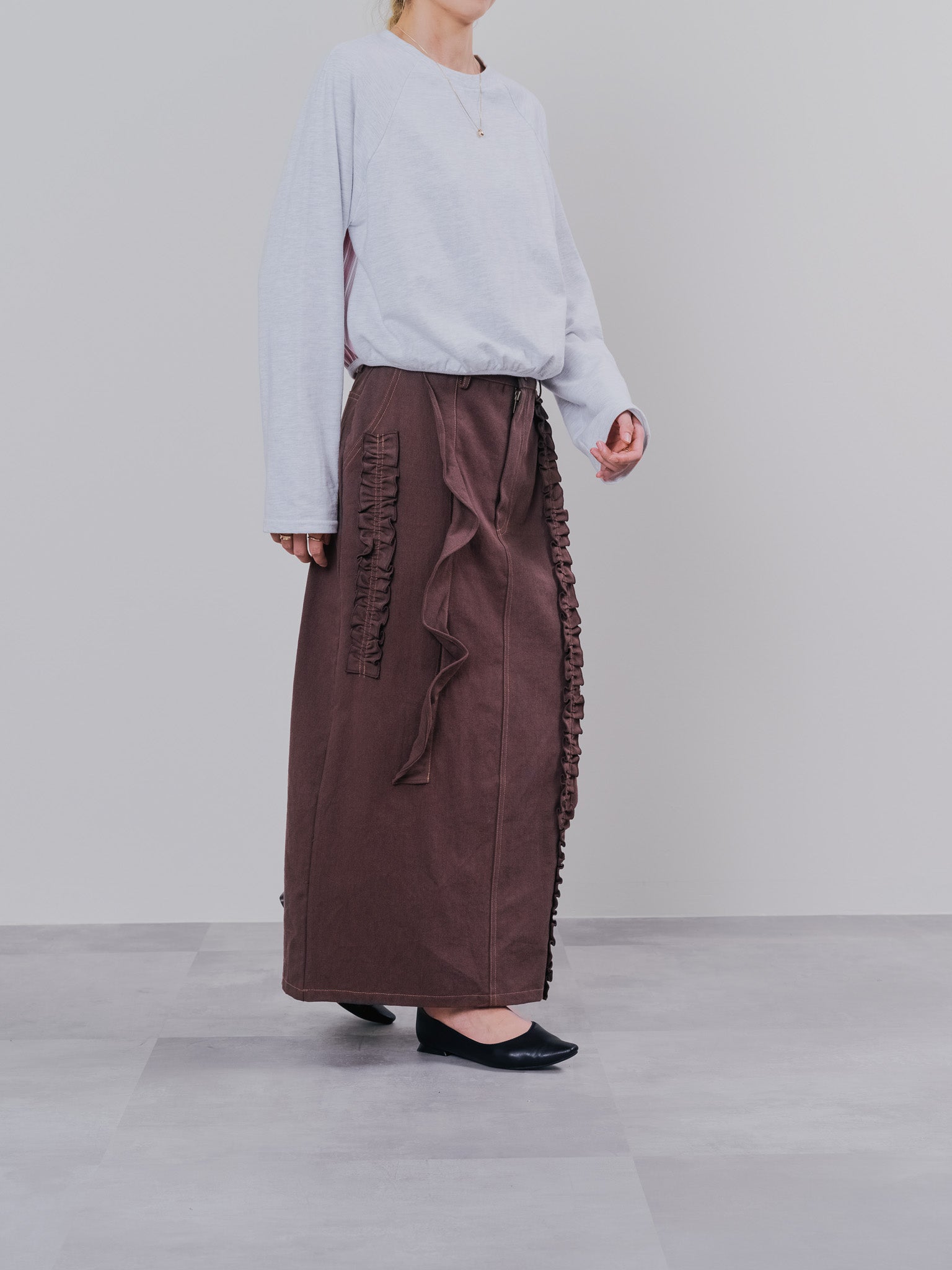 ミックスフリルカツラギタイトスカート [601358] brown