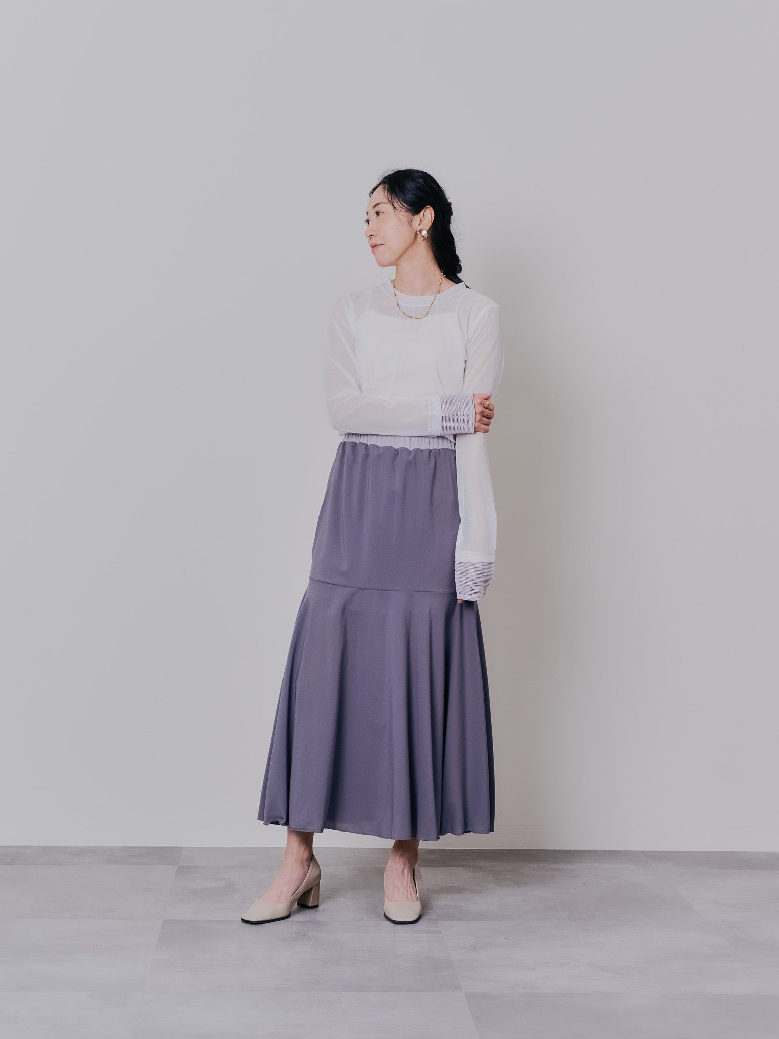 スリーブメッシュ配色ステッチシアートップス [601352] off