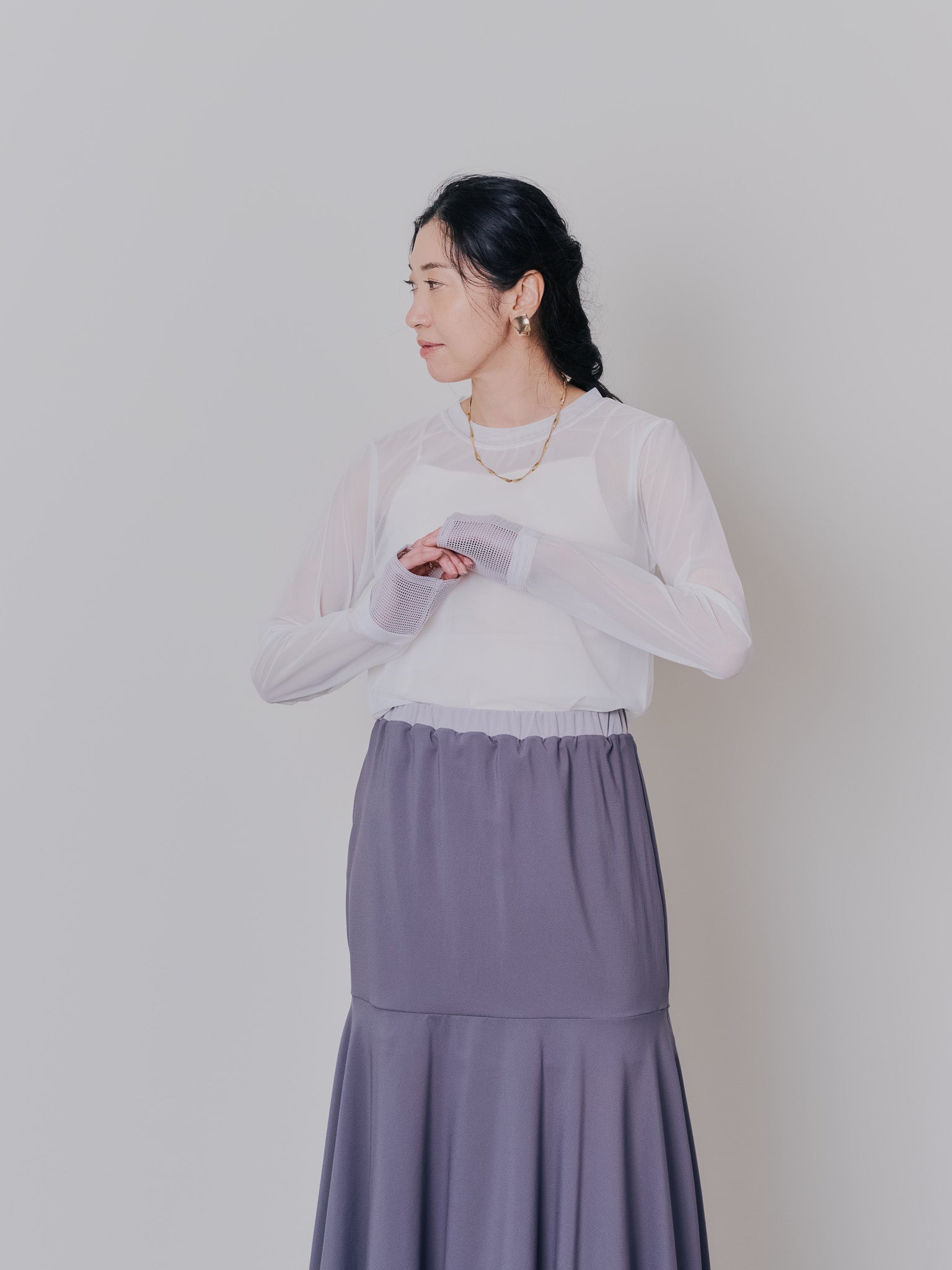 スリーブメッシュ配色ステッチシアートップス [601352] off