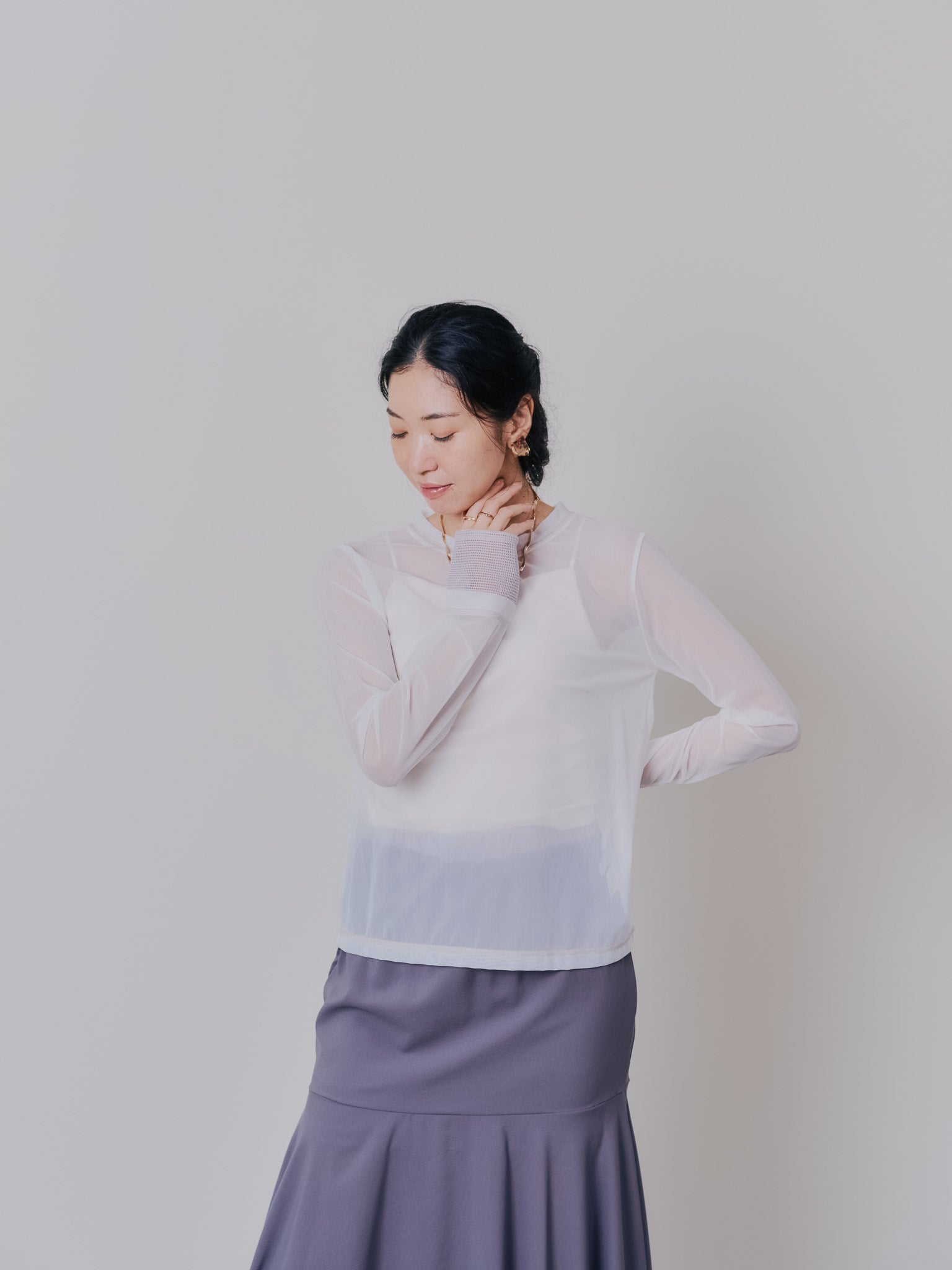 スリーブメッシュ配色ステッチシアートップス [601352] off