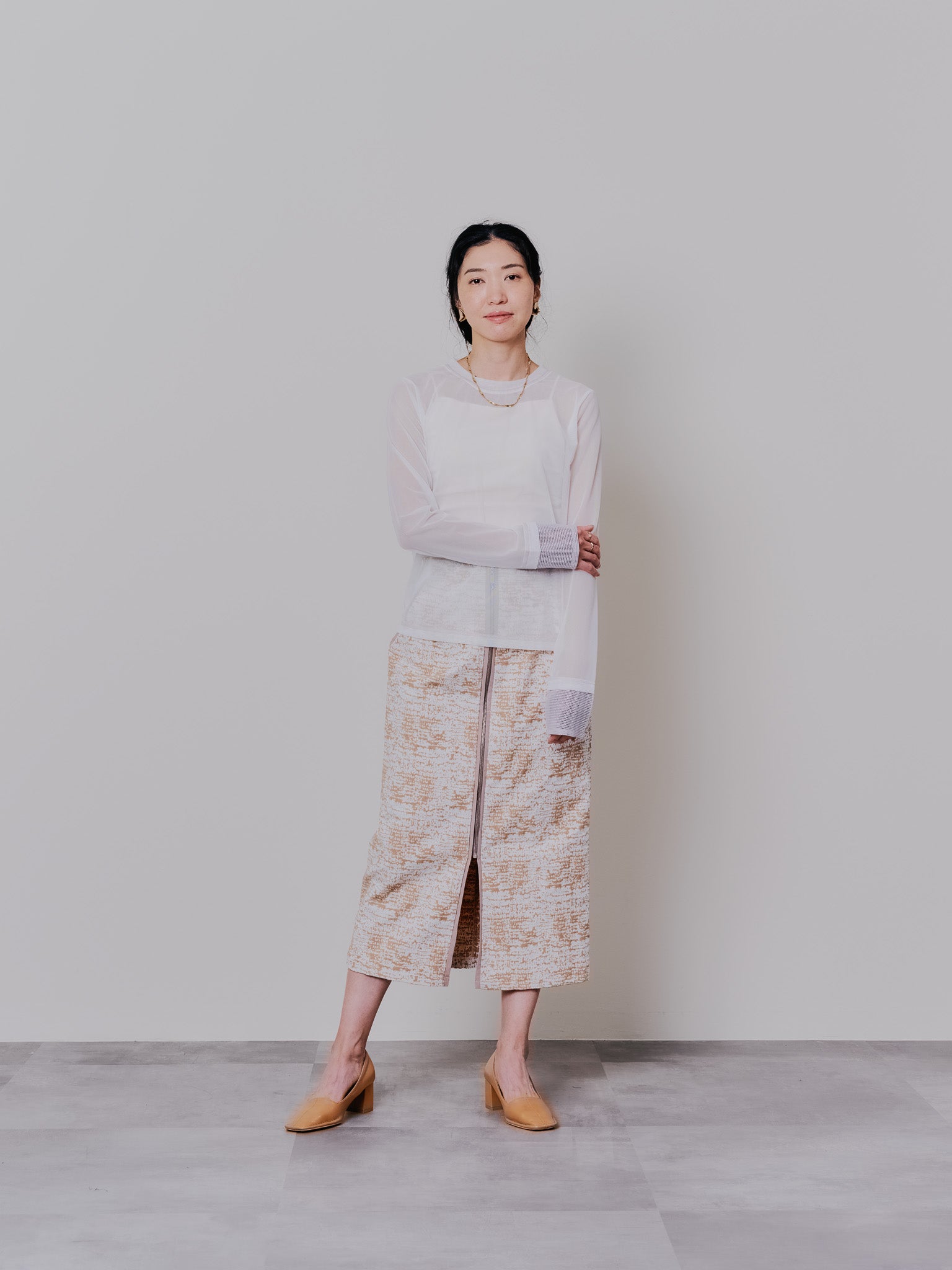 スリーブメッシュ配色ステッチシアートップス [601352] off