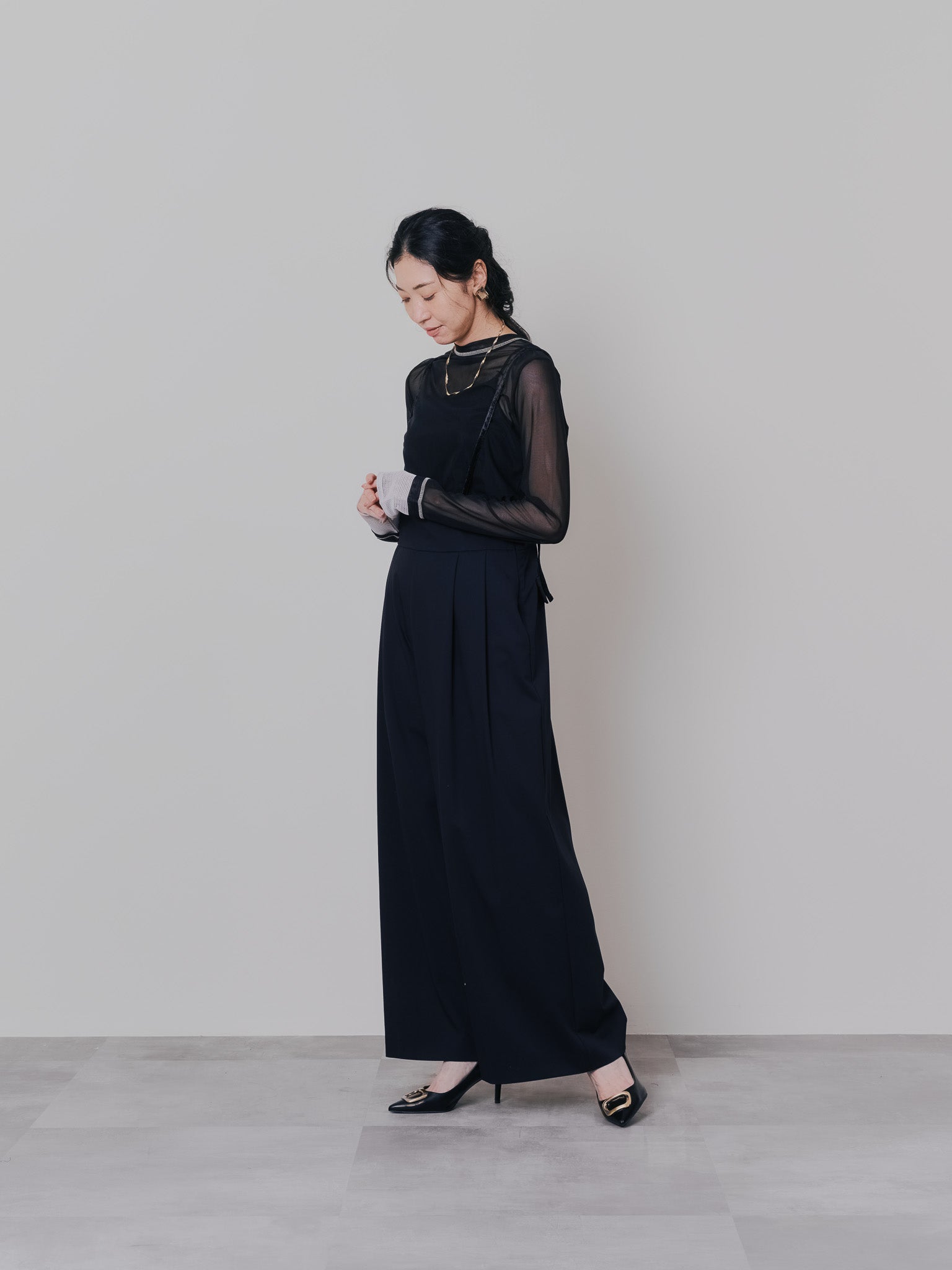 スリーブメッシュ配色ステッチシアートップス [601352] black