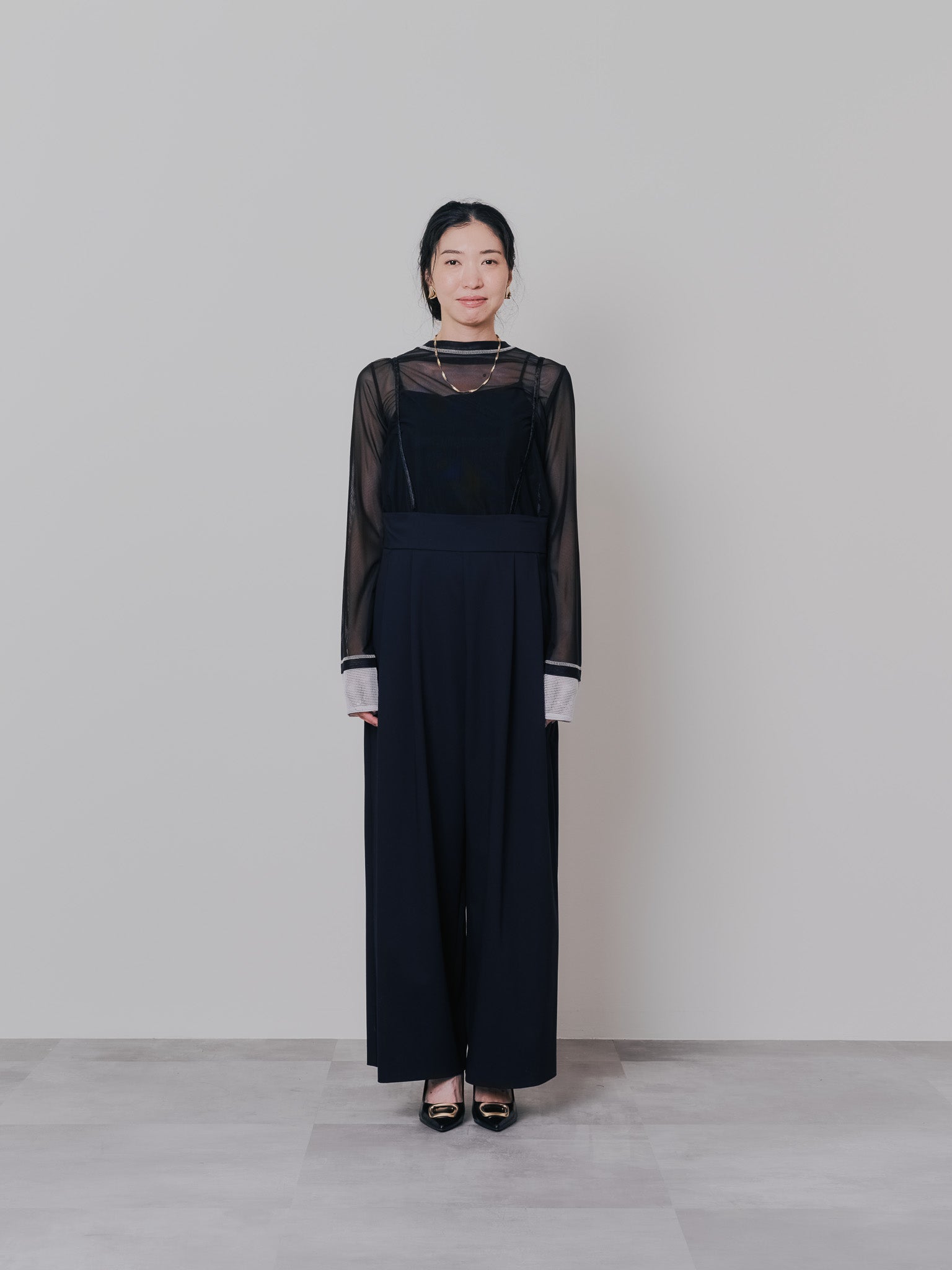 スリーブメッシュ配色ステッチシアートップス [601352] black