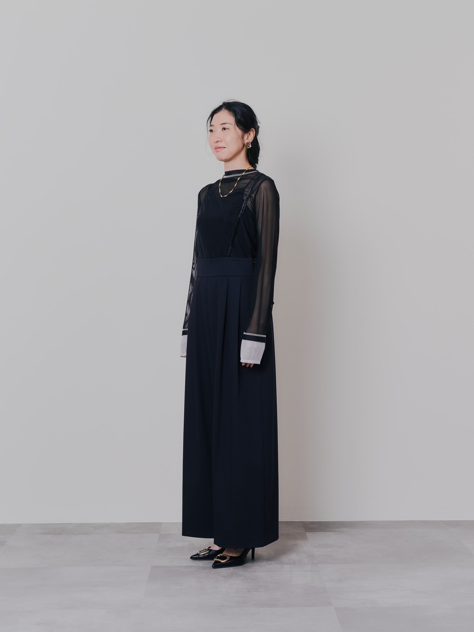 スリーブメッシュ配色ステッチシアートップス [601352] black