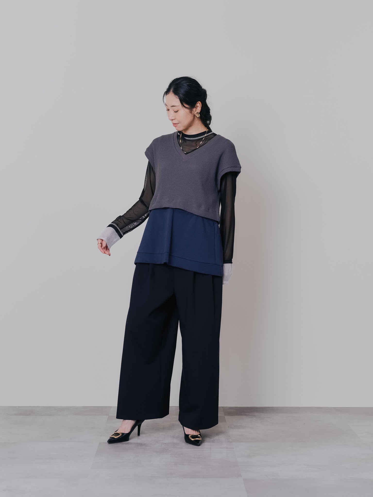 ヘム2WAYワッフルベスト [601355] charcoal