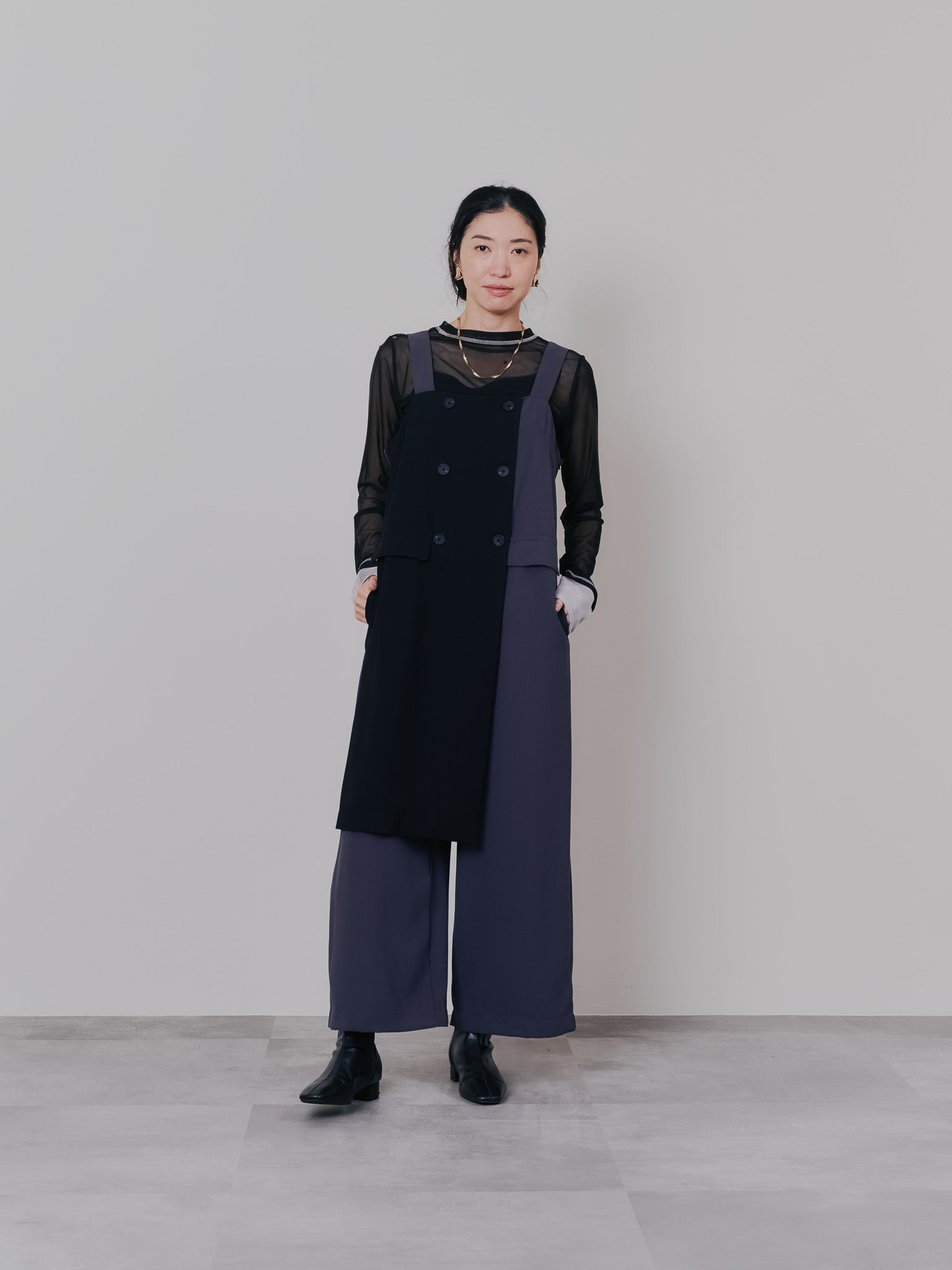 スリーブメッシュ配色ステッチシアートップス [601352] black