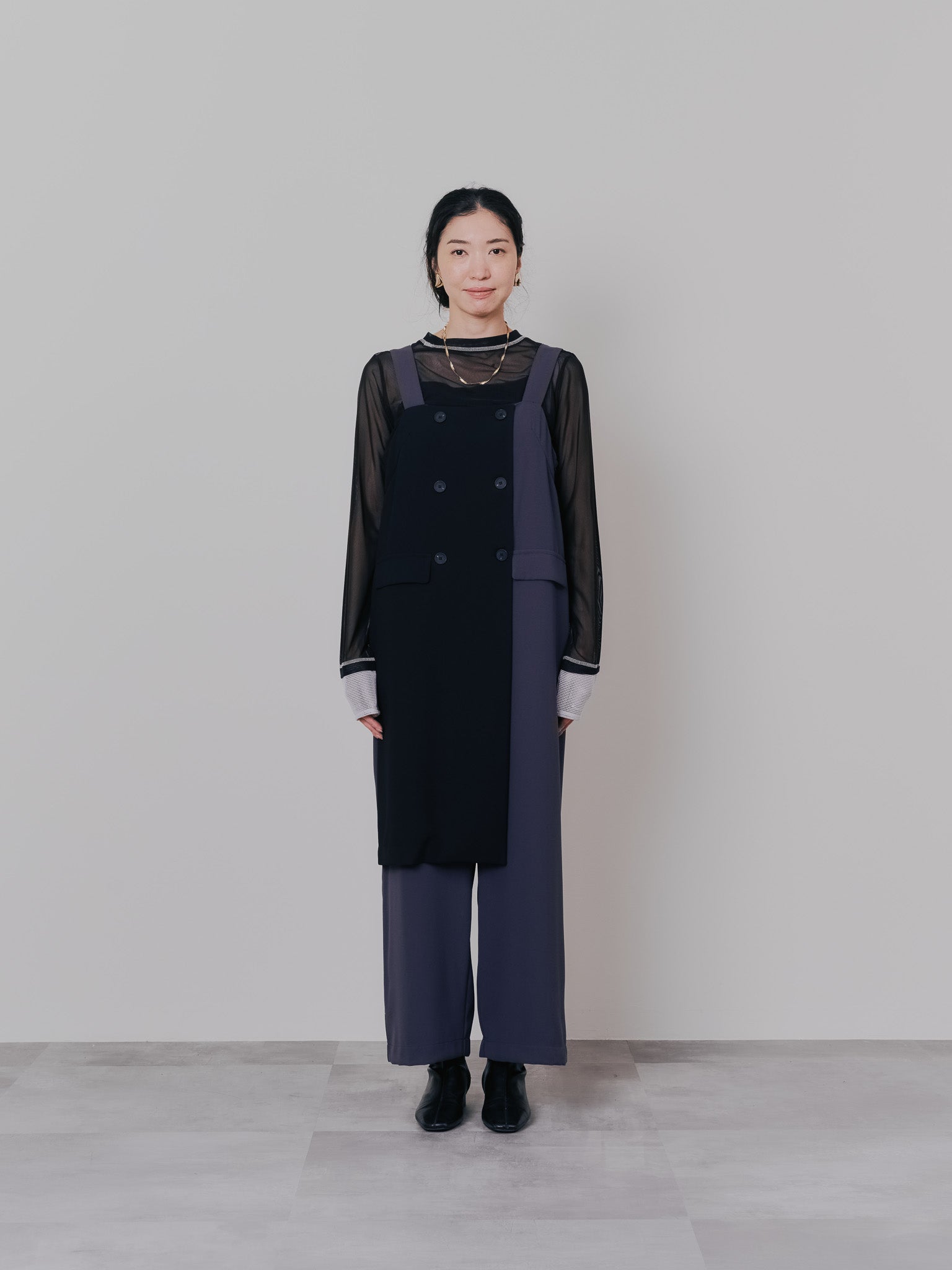 スリーブメッシュ配色ステッチシアートップス [601352] black
