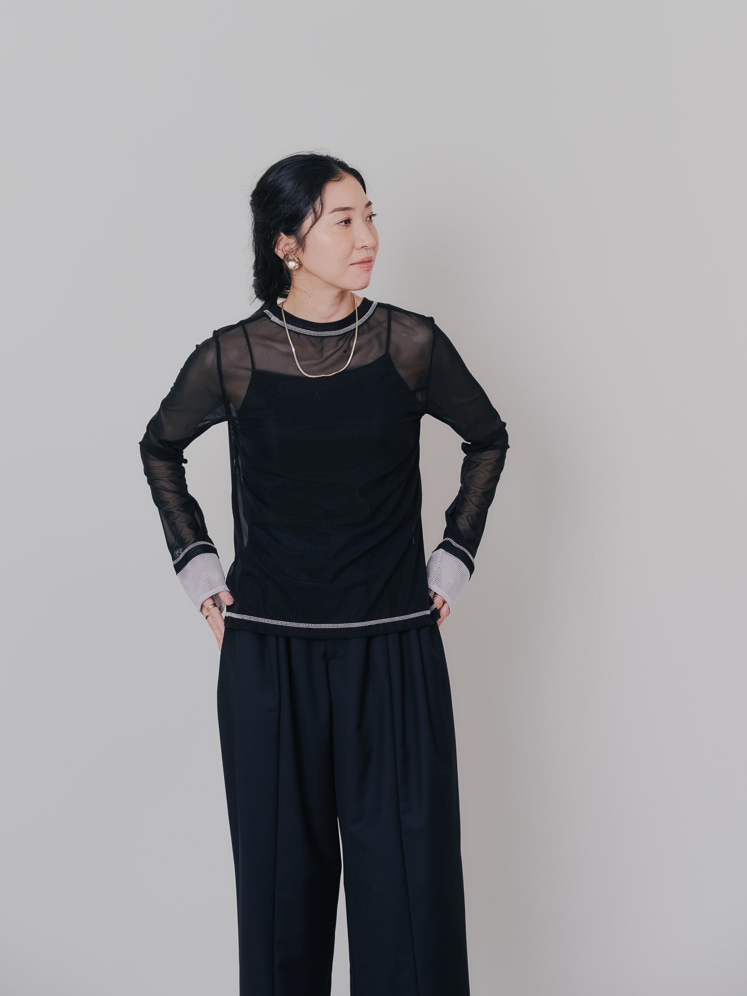 スリーブメッシュ配色ステッチシアートップス [601352] black