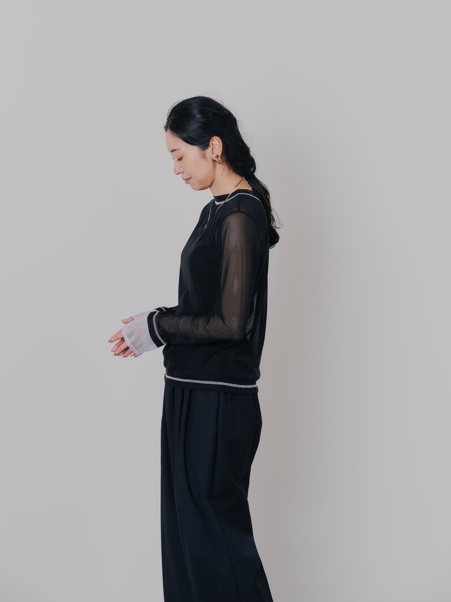 スリーブメッシュ配色ステッチシアートップス [601352] black