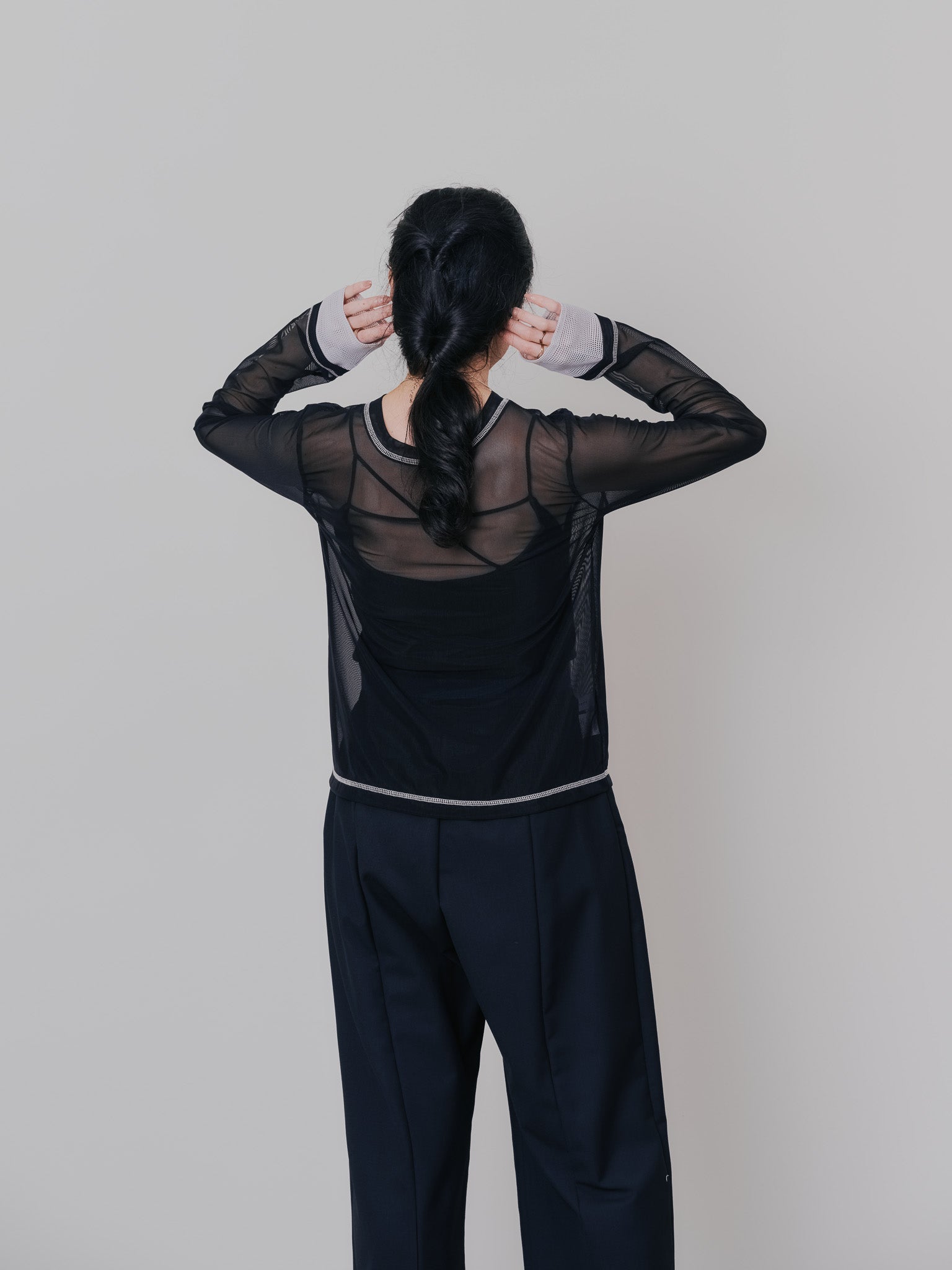 スリーブメッシュ配色ステッチシアートップス [601352] black
